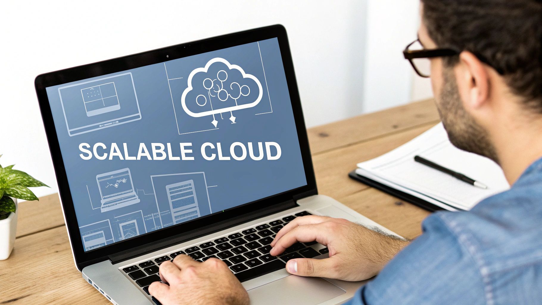 A man wearing glasses is typing on a laptop displaying 'SCALABLE CLOUD' with related icons.