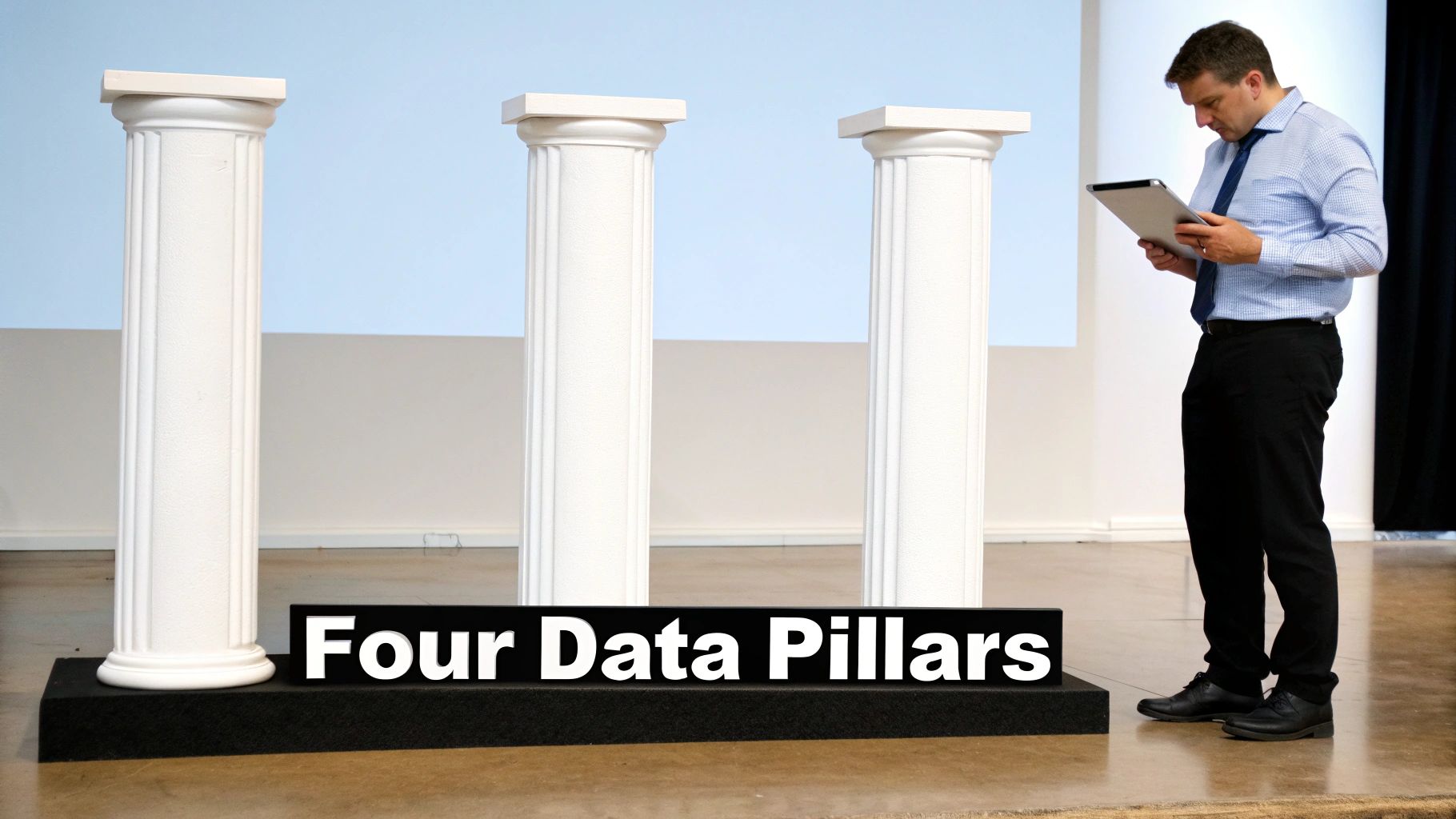 A man reviews a tablet next to three white pillars and a 'Four Data Pillars' sign.