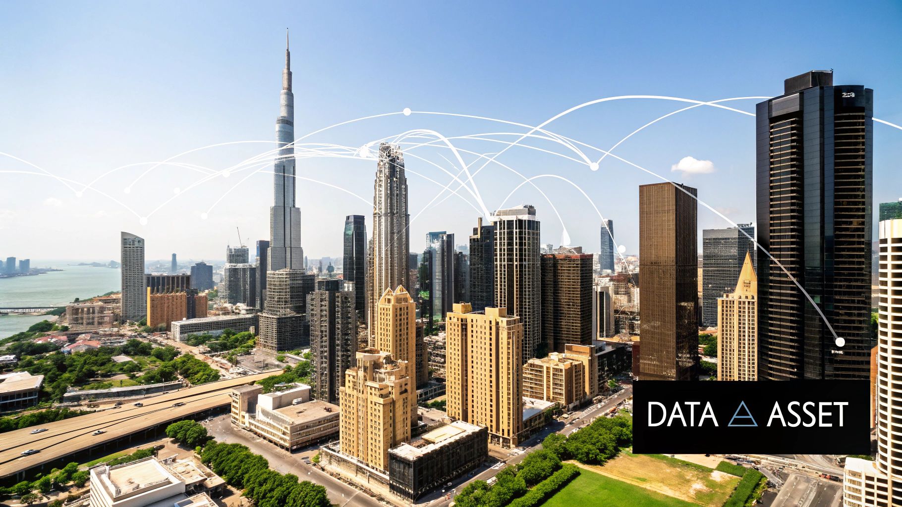 An aerial view of a modern cityscape with tall buildings, data network lines, and 'DATA ASSET' text overlay.