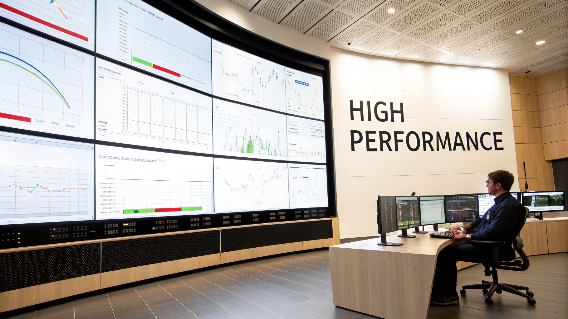 Engineers collaborating in a high-tech control room with screens showing performance and scalability metrics.