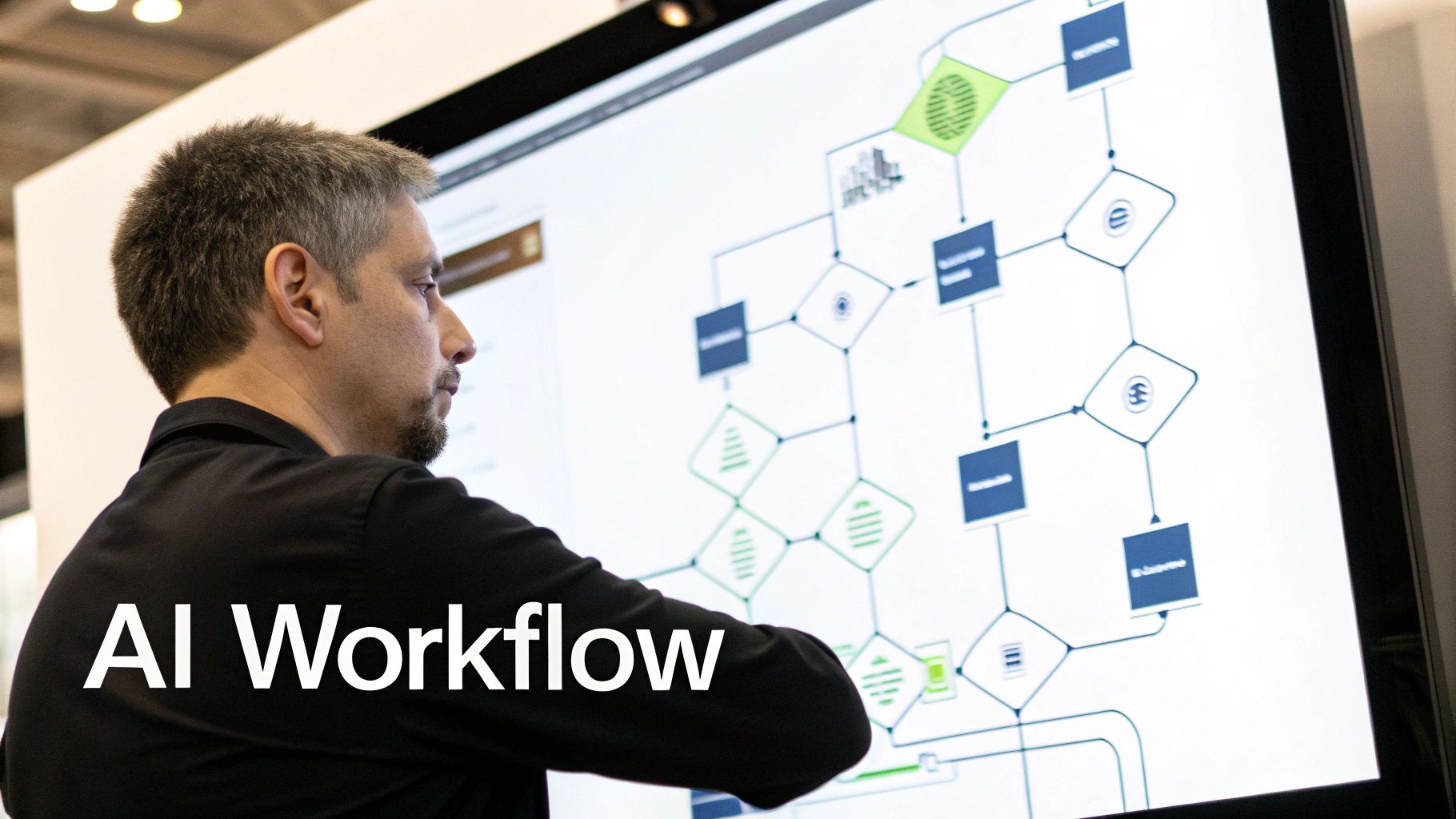 A man interacts with a large touchscreen displaying a complex AI workflow diagram.