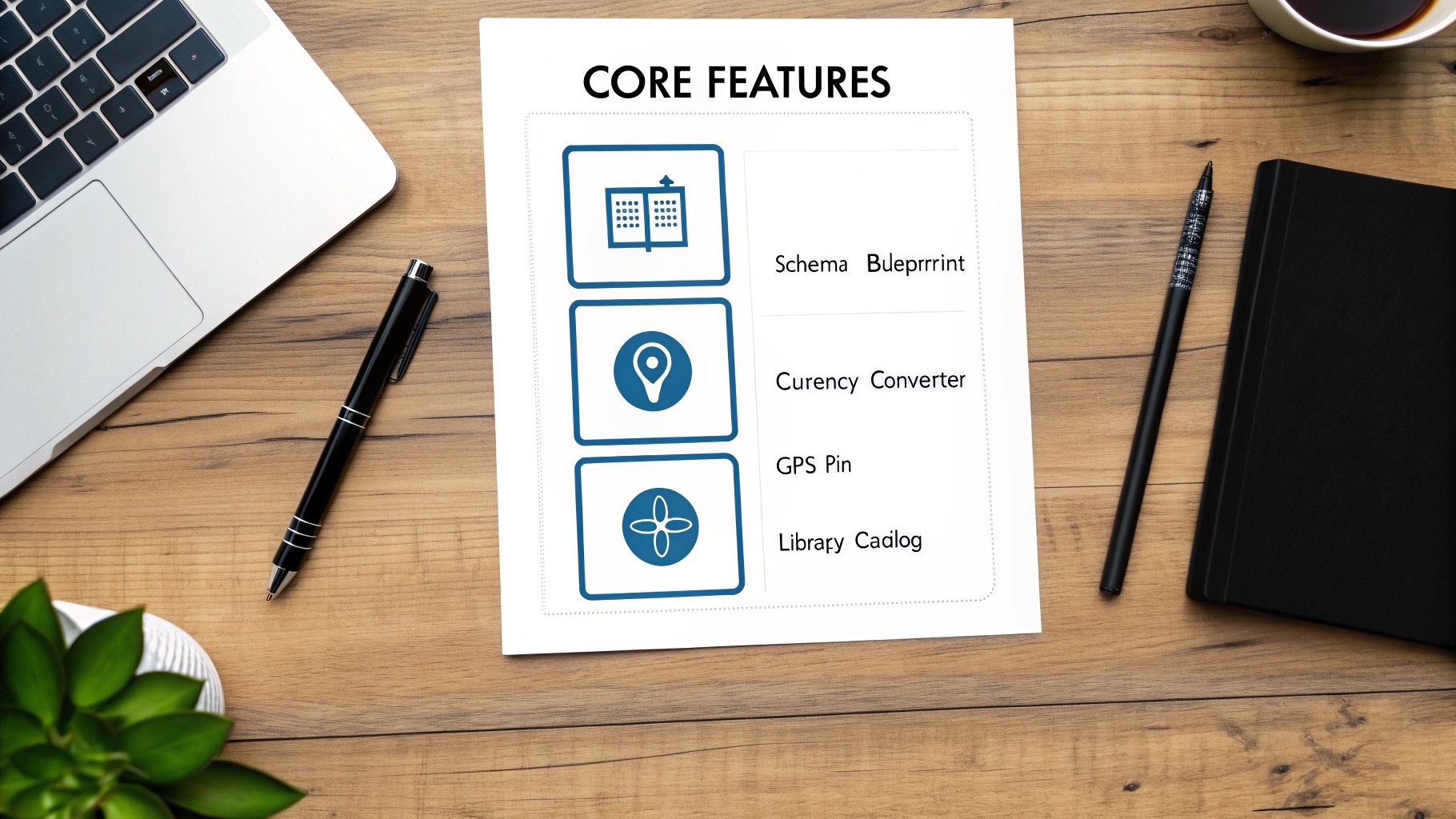 Overhead view of a document detailing core software features like schema blueprint on a desk.