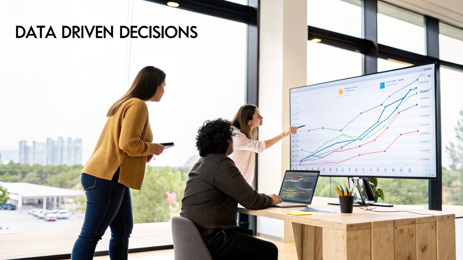 Three colleagues analyze data on a large screen with charts, making data-driven decisions in a modern office.
