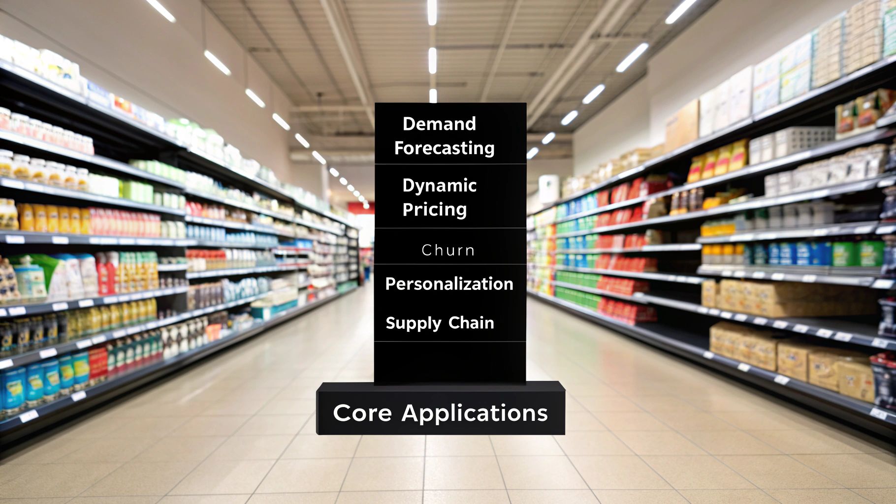 A black sign in a supermarket aisle lists core applications like demand forecasting and dynamic pricing.