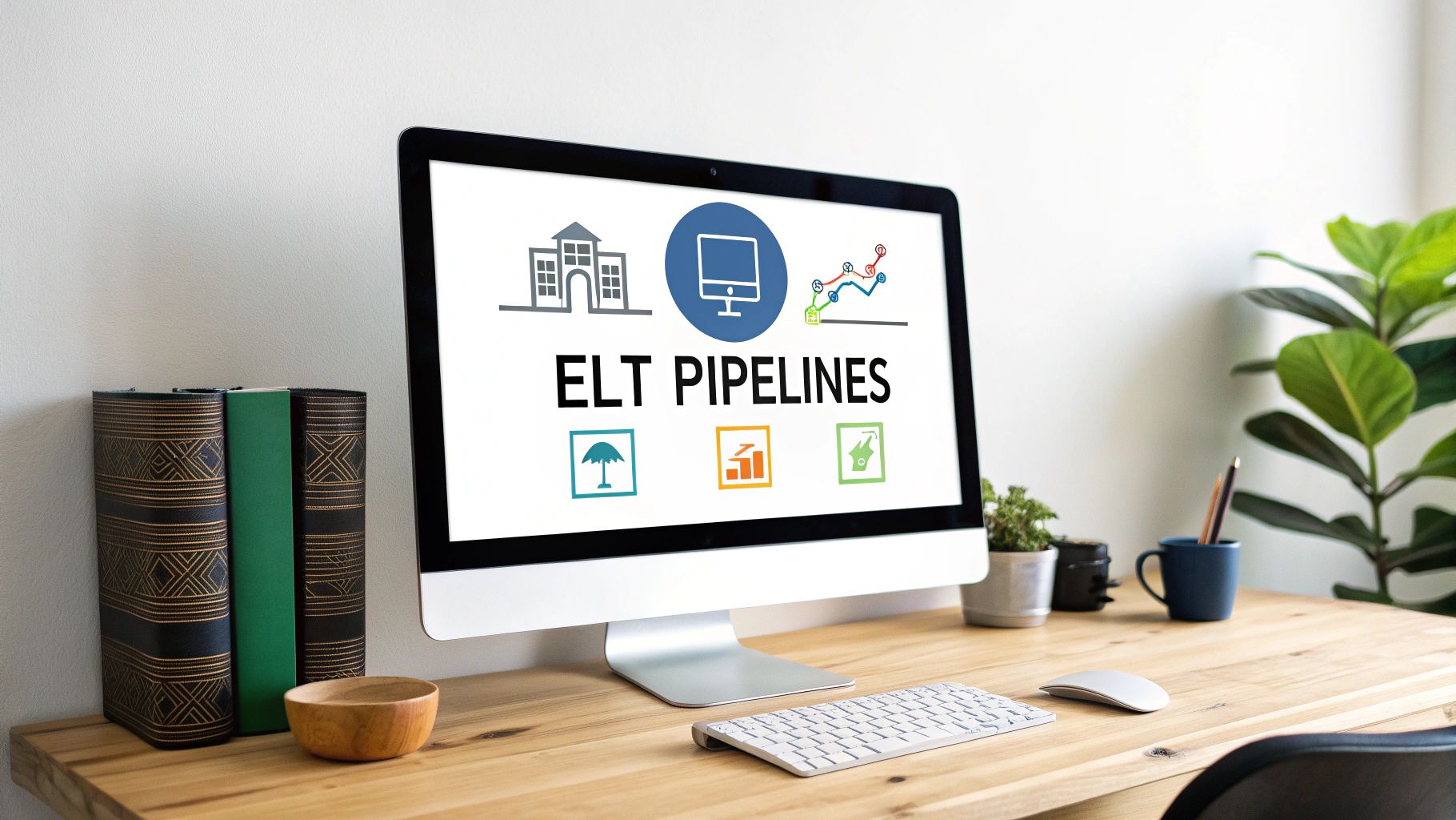 A modern workspace with a computer monitor displaying 'ELT Pipelines' and business analytics icons.