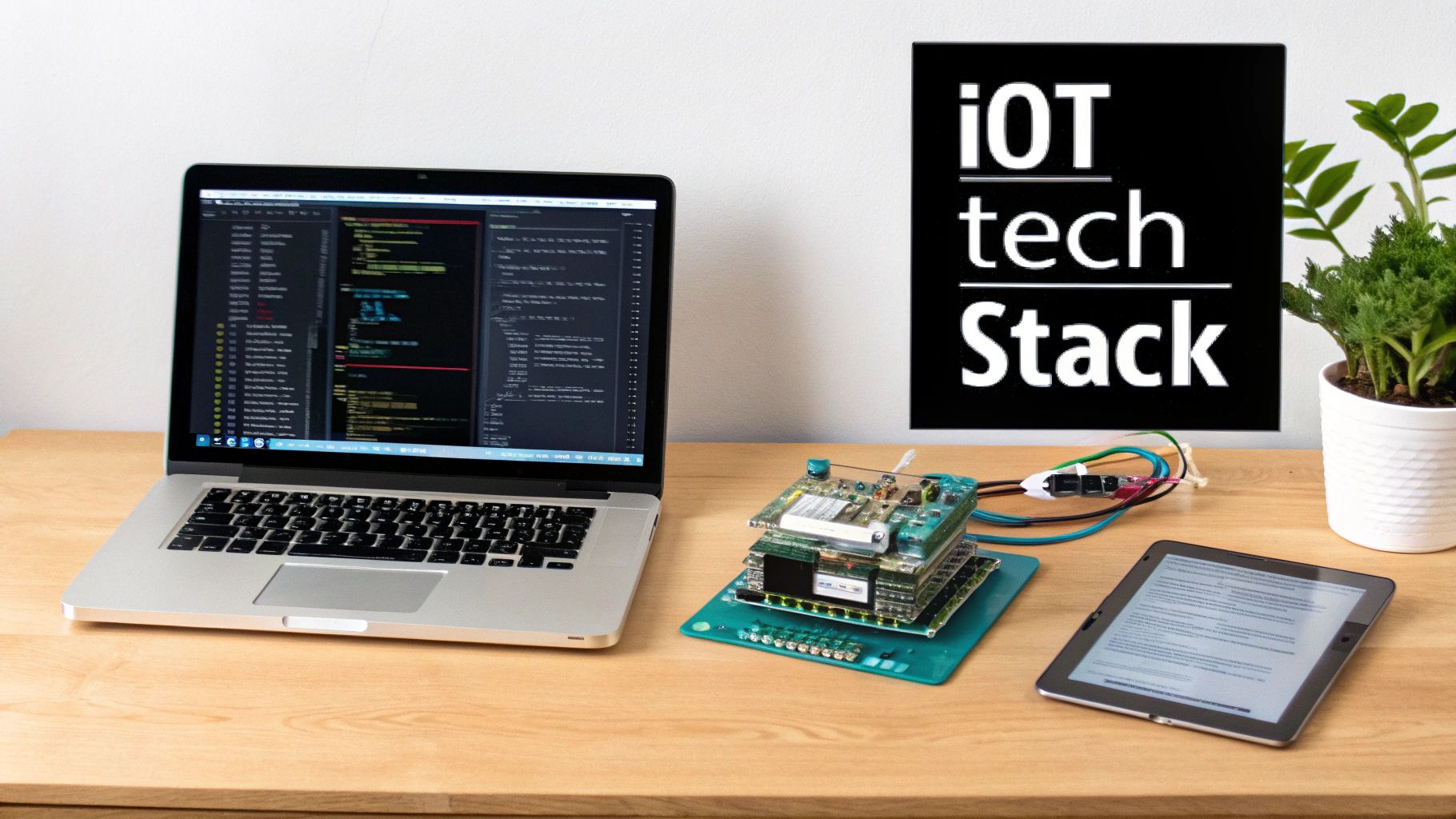 A developer's desk with a laptop, IoT development board, tablet, and a 'IoT tech Stack' sign.
