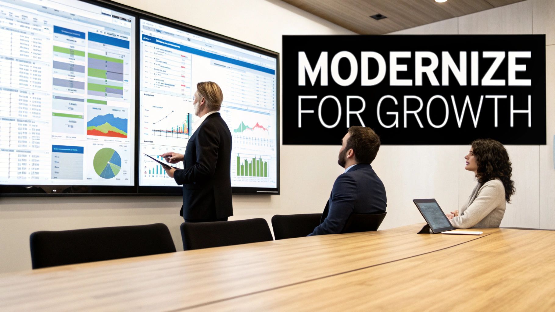 A business executive presents data visualizations on large screens to two colleagues in a modern meeting room.