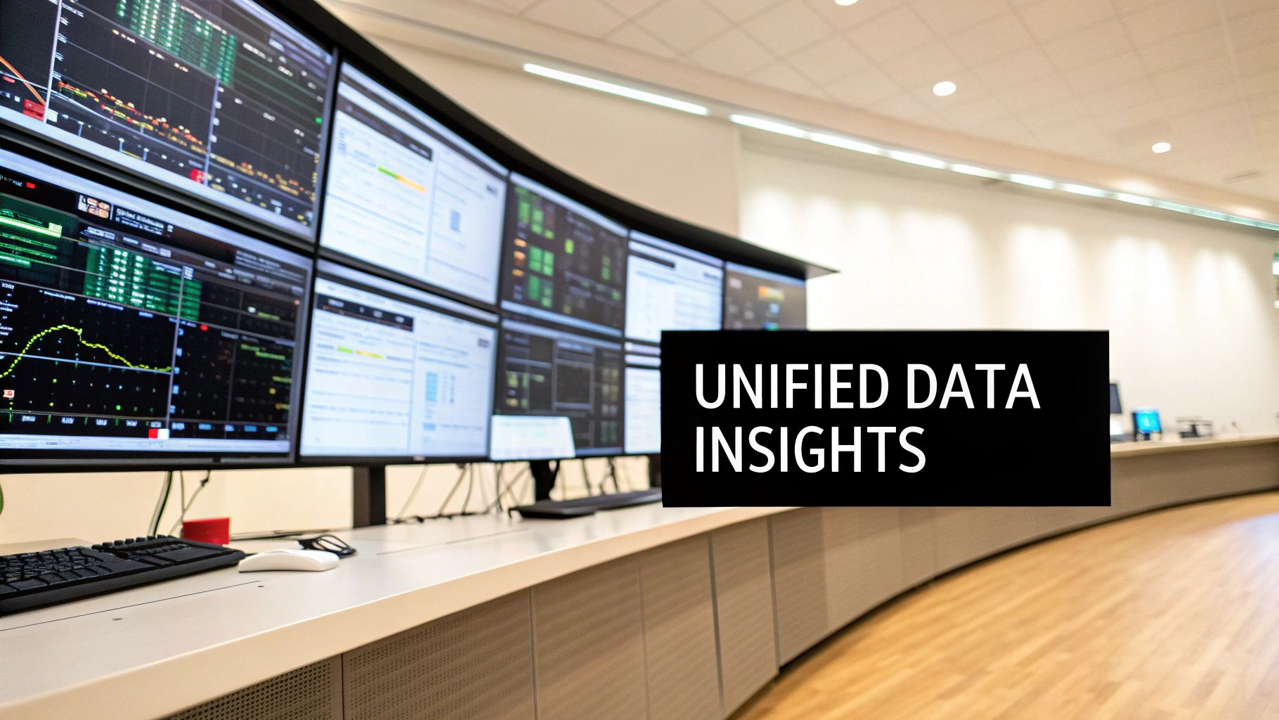 A modern control room with curved monitors displaying real-time data, graphs, and charts for unified insights.