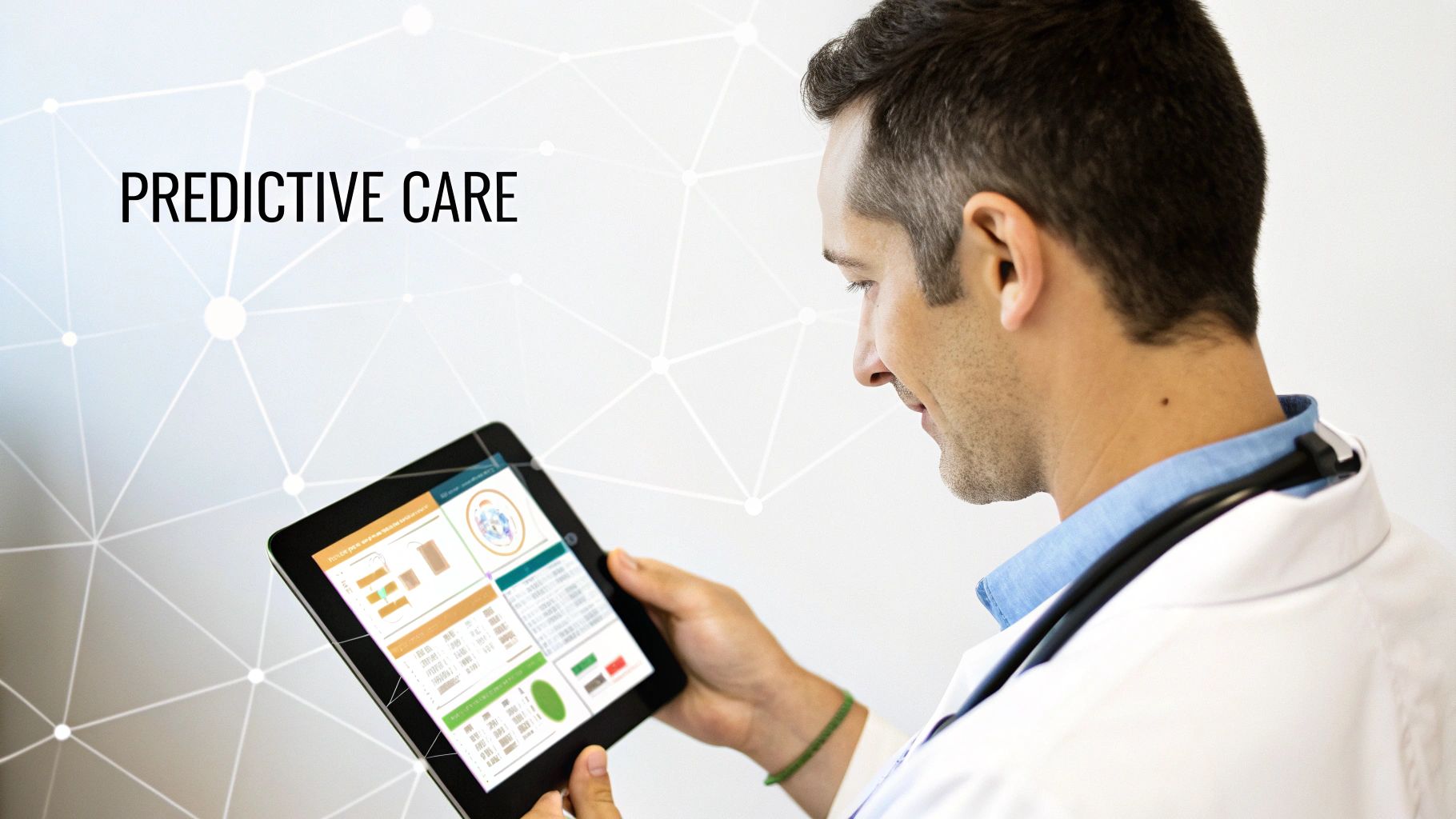 A healthcare professional views charts and graphs on a tablet for predictive care.