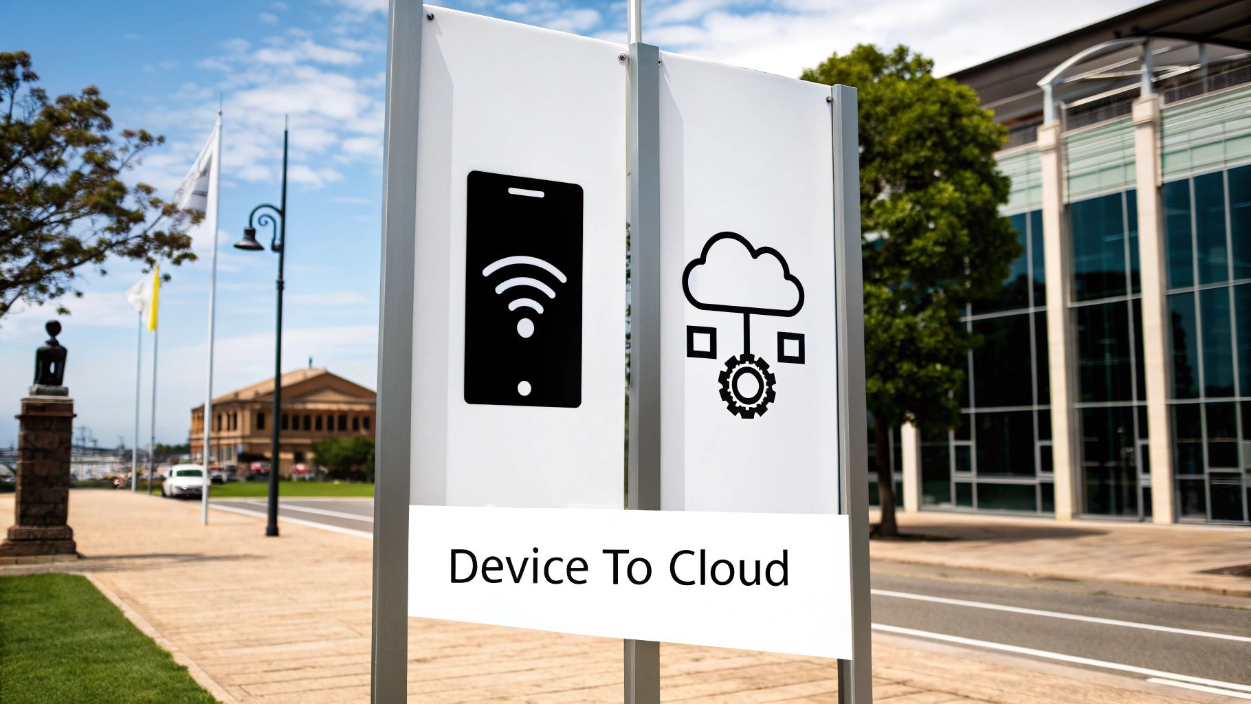 A white sign with a smartphone and cloud icon, illustrating 'Device To Cloud' data flow in an outdoor setting.