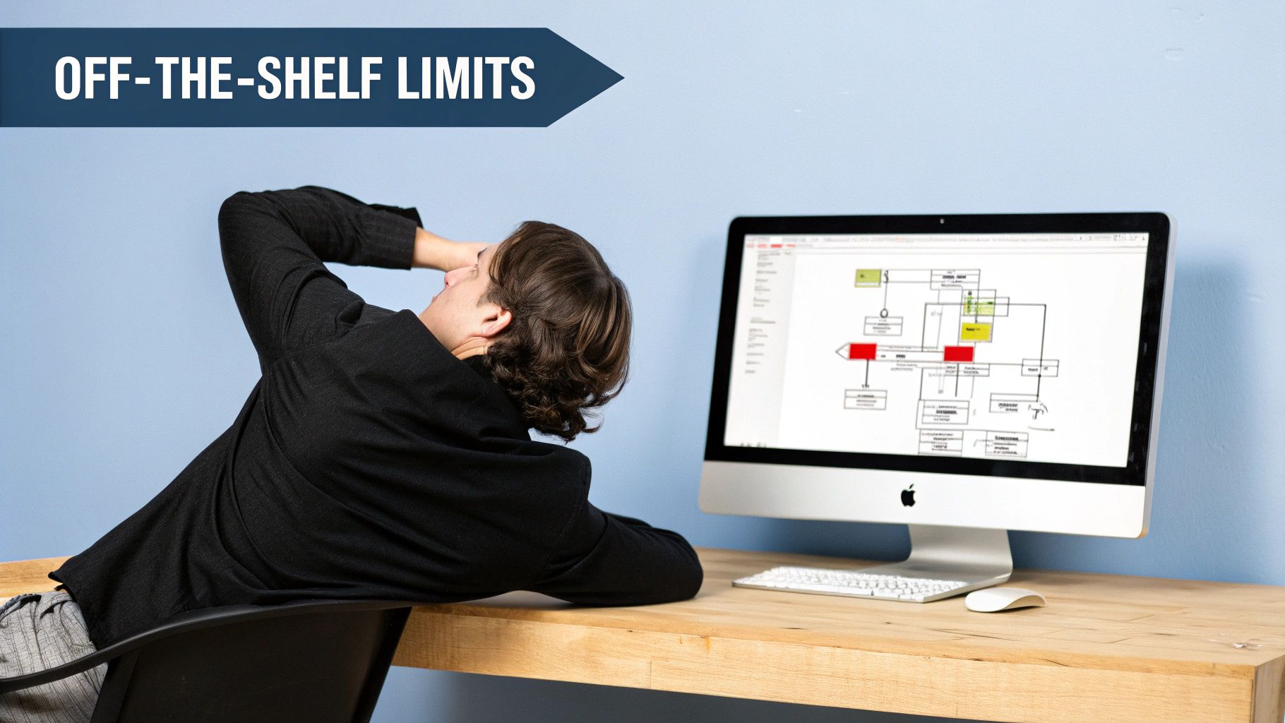 A person working on a laptop, surrounded by abstract digital interface elements, representing the concept of custom software development.