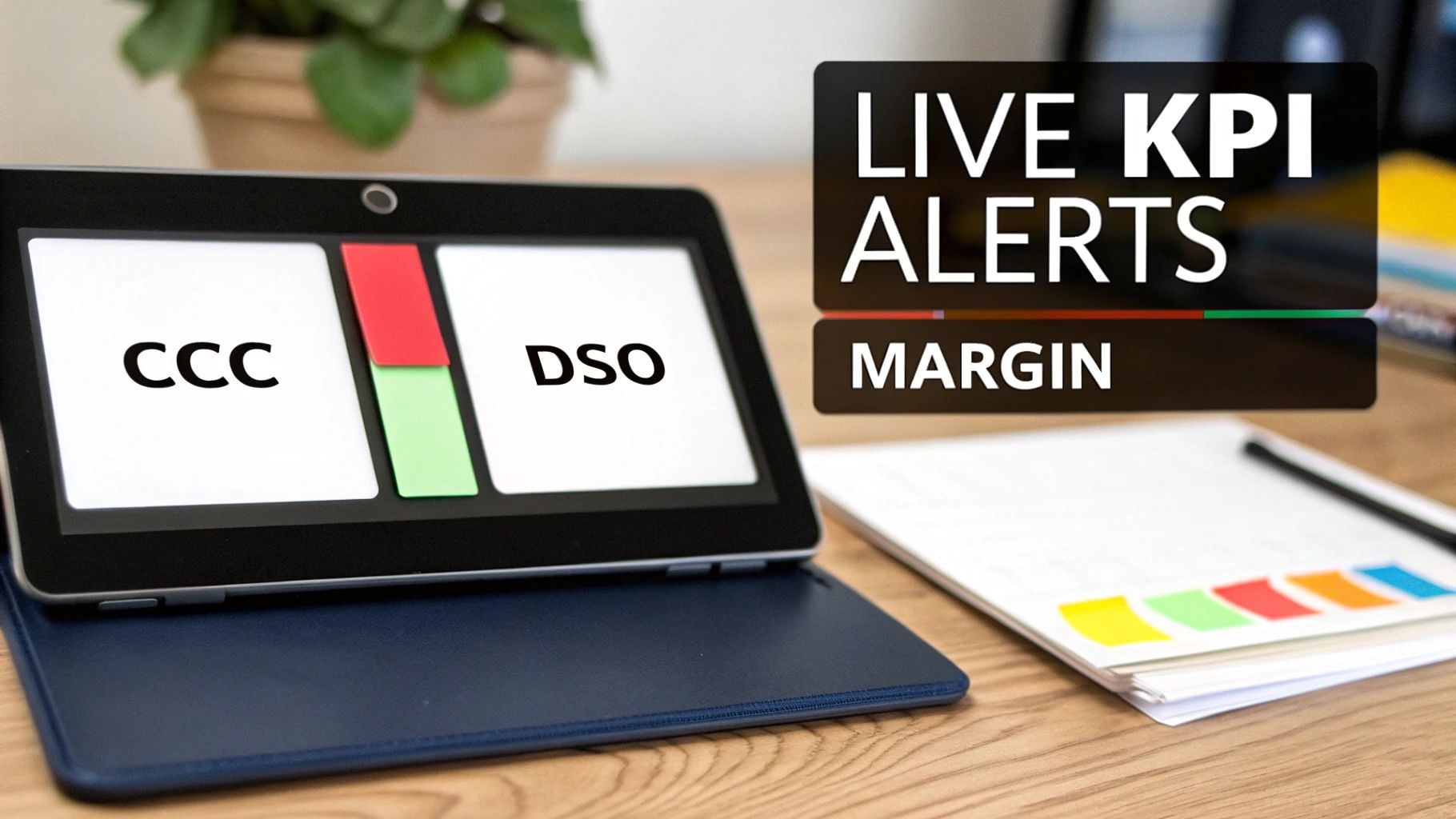 A tablet and display show live financial KPI alerts for CCC, DSO, and Margin with red and green indicators.