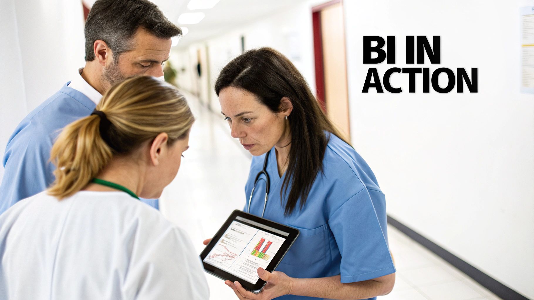 A healthcare professional reviews a BI dashboard on a tablet, showing patient flow and resource allocation charts.