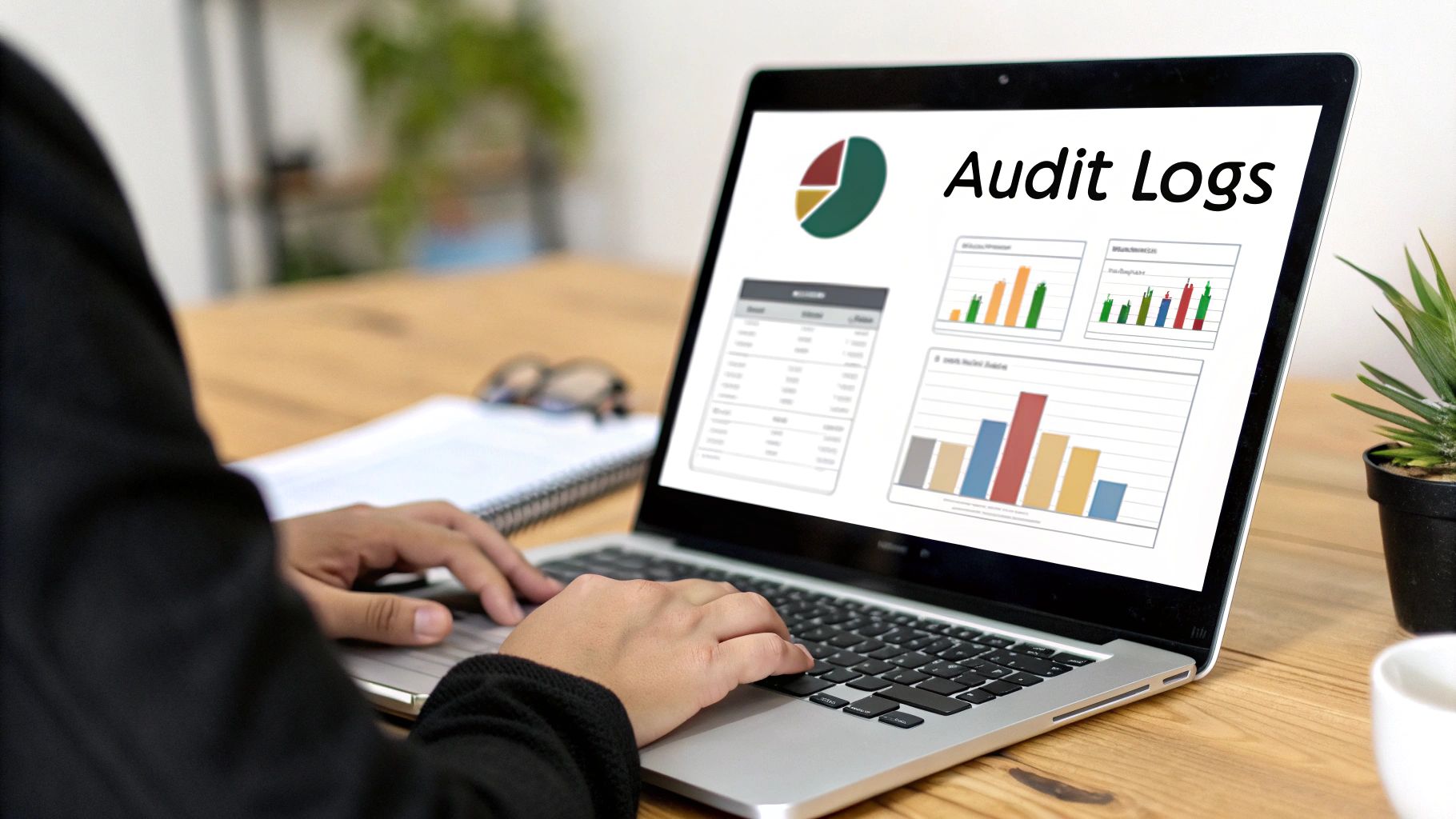 A person's hands typing on a laptop displaying 'Audit Logs' with various data charts.