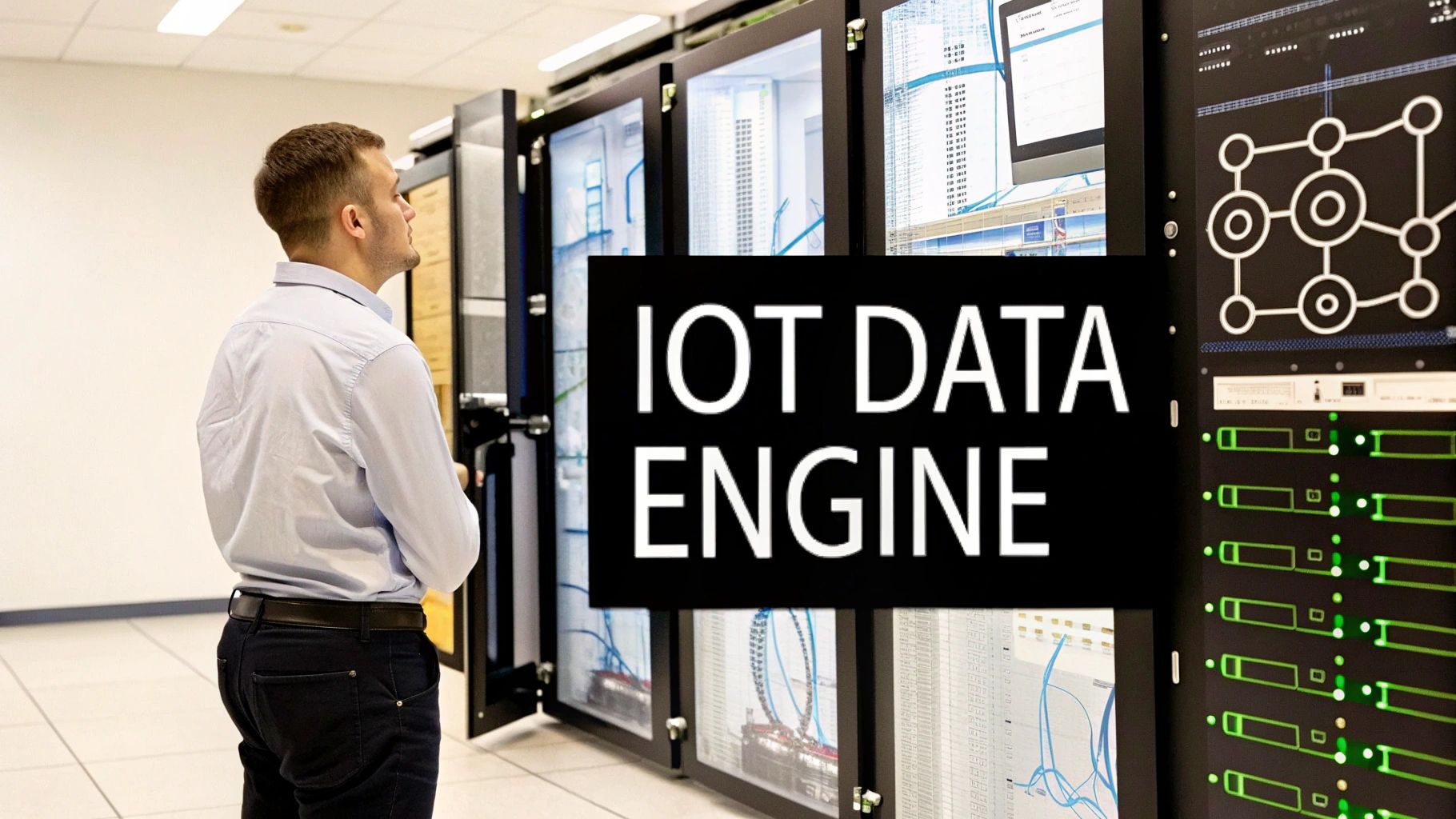 Man observes server racks displaying 'IOT DATA ENGINE' in a modern data center.