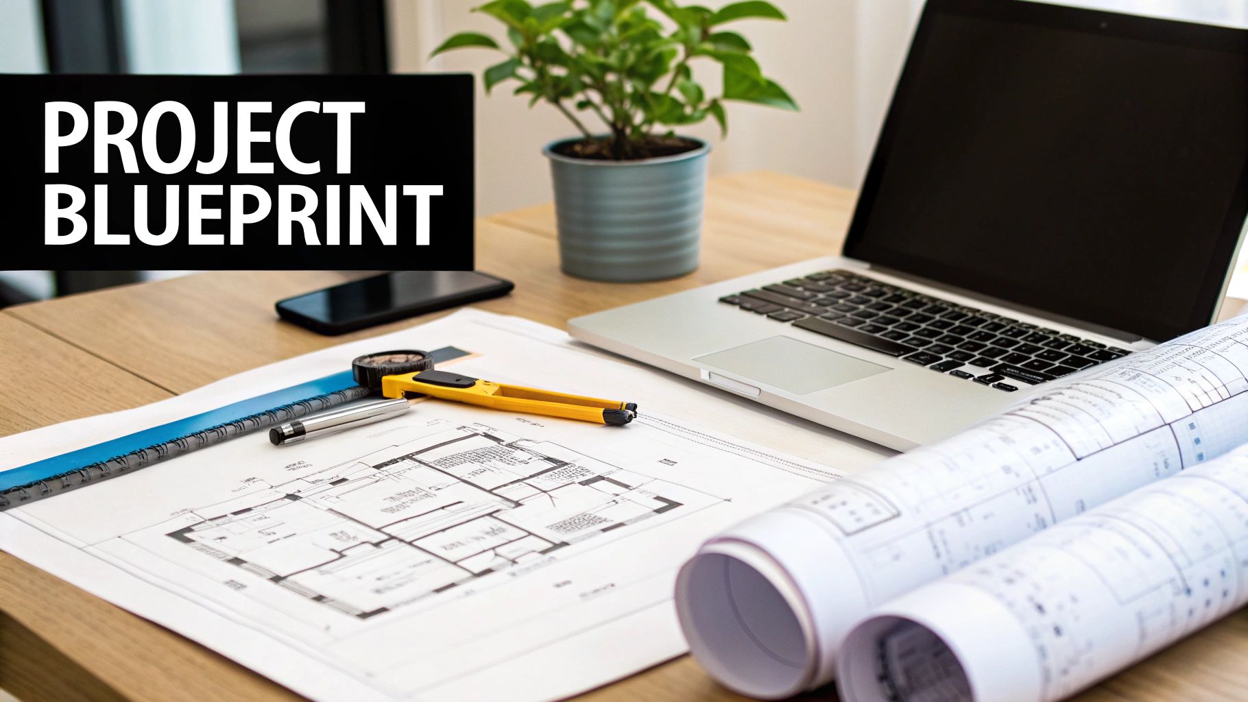 A workspace with architectural blueprints, a laptop, drafting tools, and a 'Project Blueprint' sign.