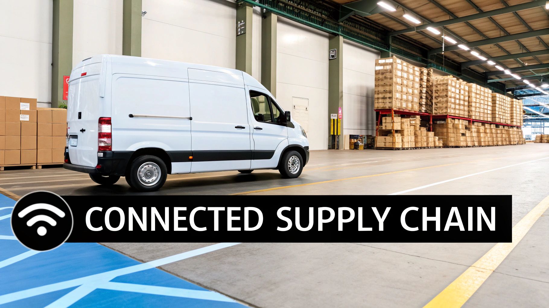 White delivery van in modern warehouse with connected supply chain technology and wireless connectivity symbol