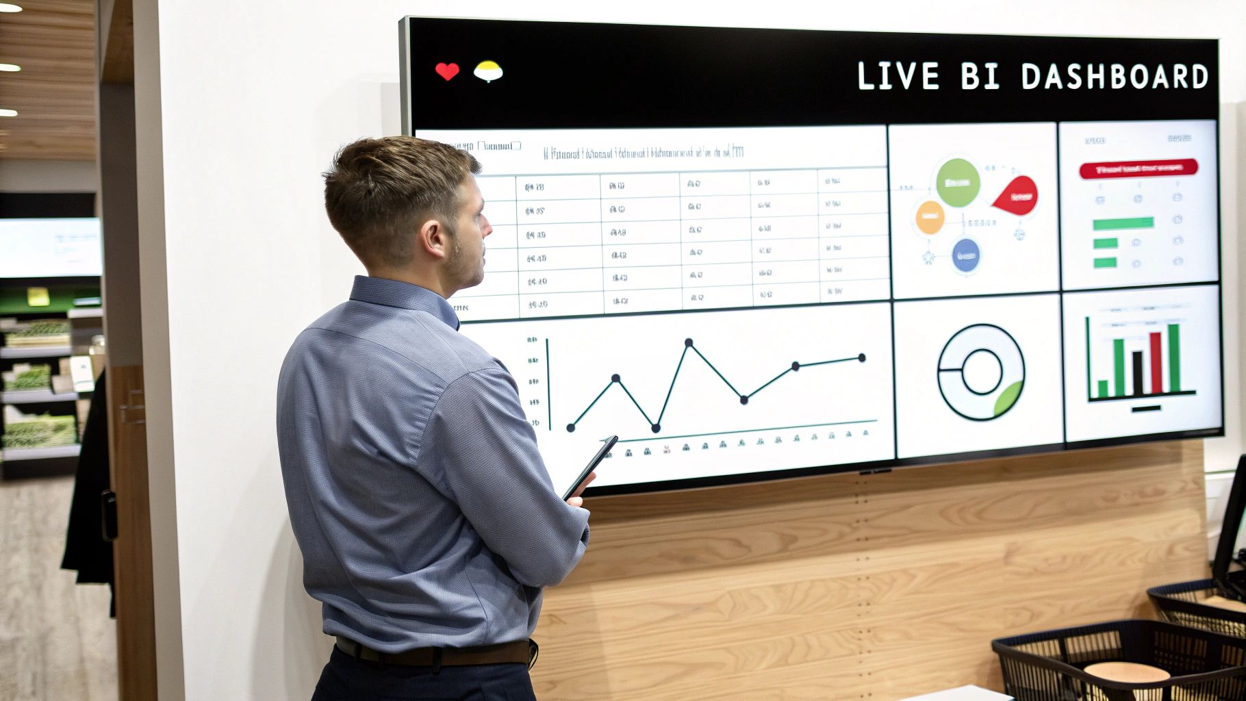 A man in a blue shirt reviews a live BI dashboard on a large screen, holding a tablet.
