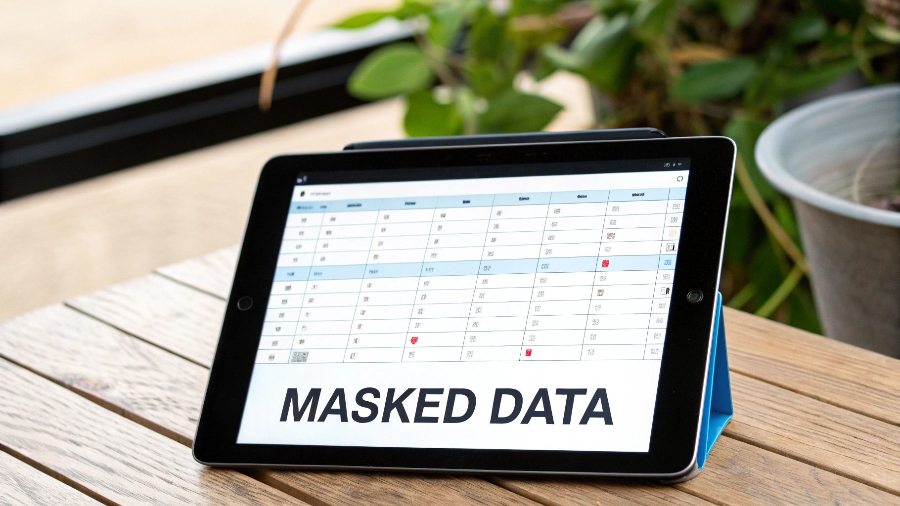 A tablet displays a spreadsheet with "MASKED DATA" prominently on the screen, on a wooden table.