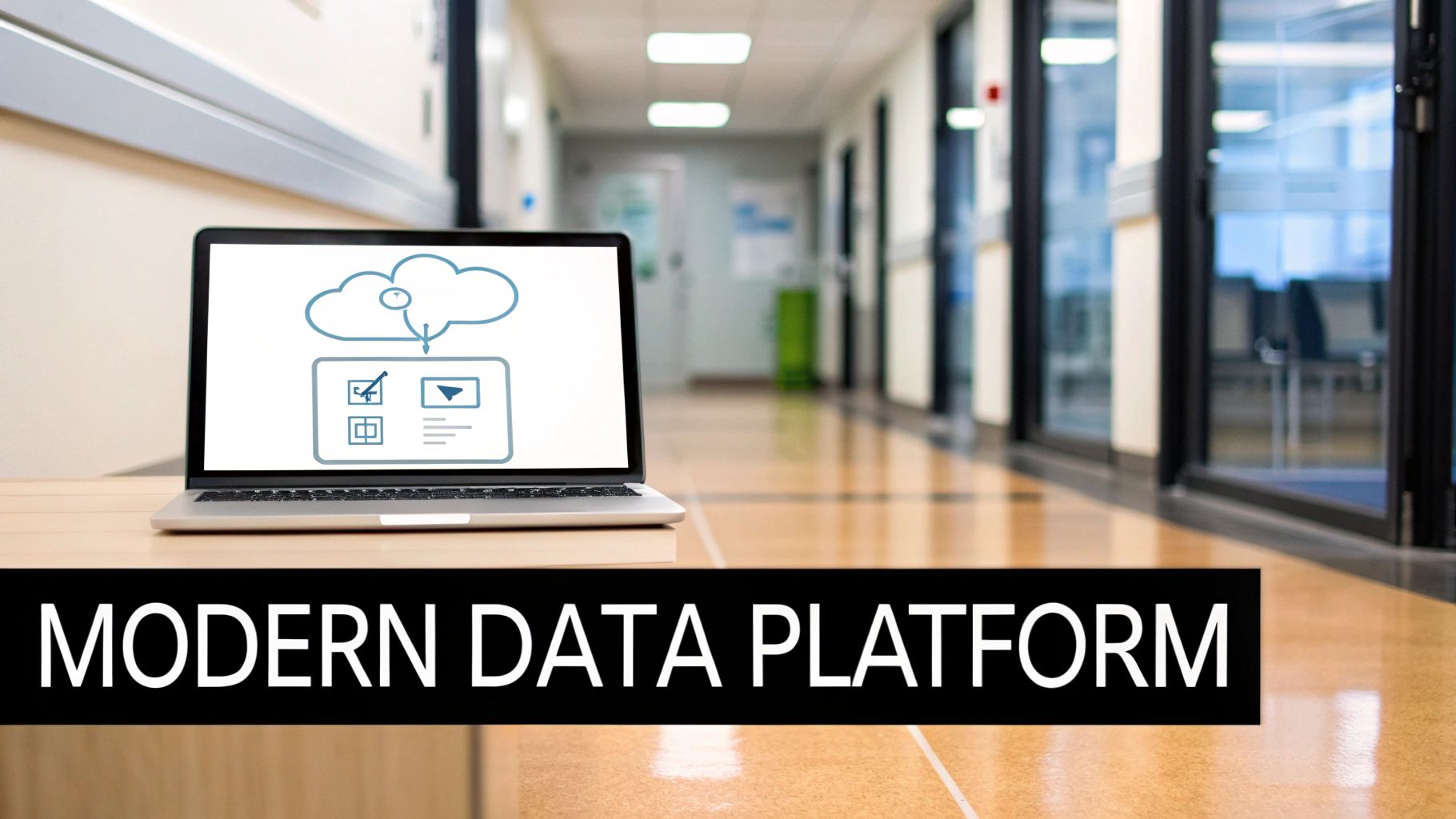 A laptop on a table displays a cloud data platform diagram, with 'MODERN DATA PLATFORM' text.