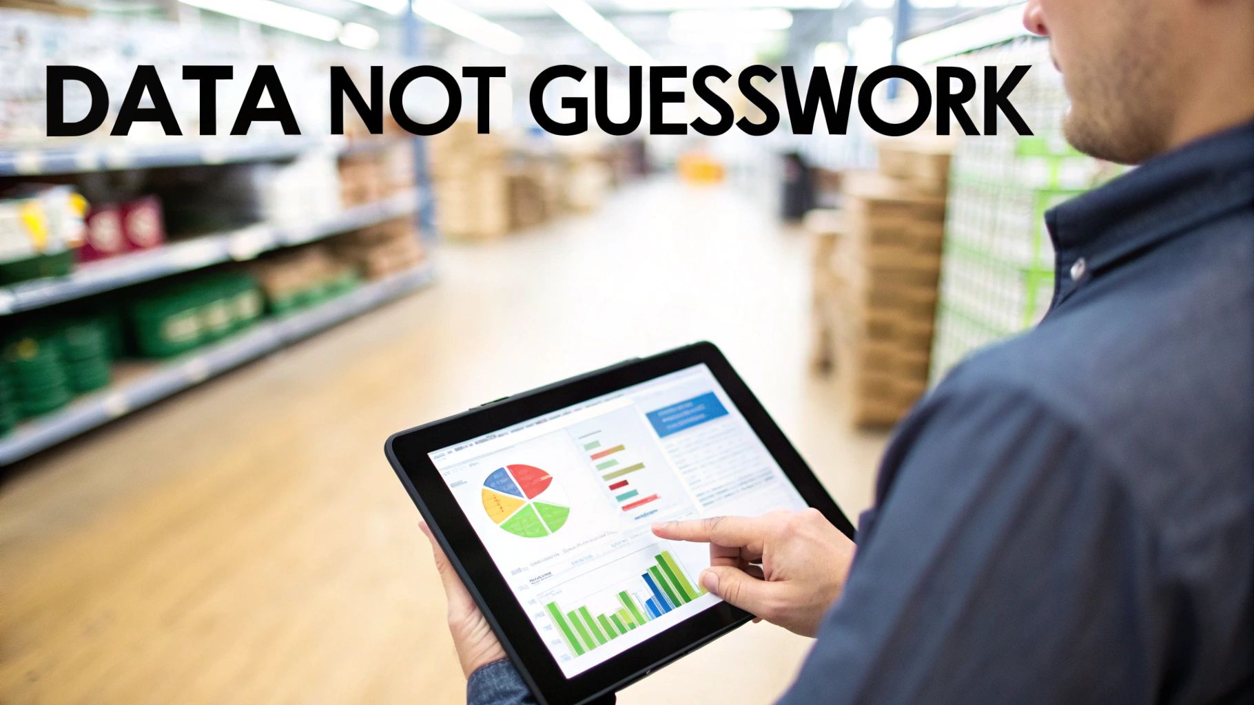 A person analyzes business data on a tablet with charts and graphs in a retail or warehouse setting.