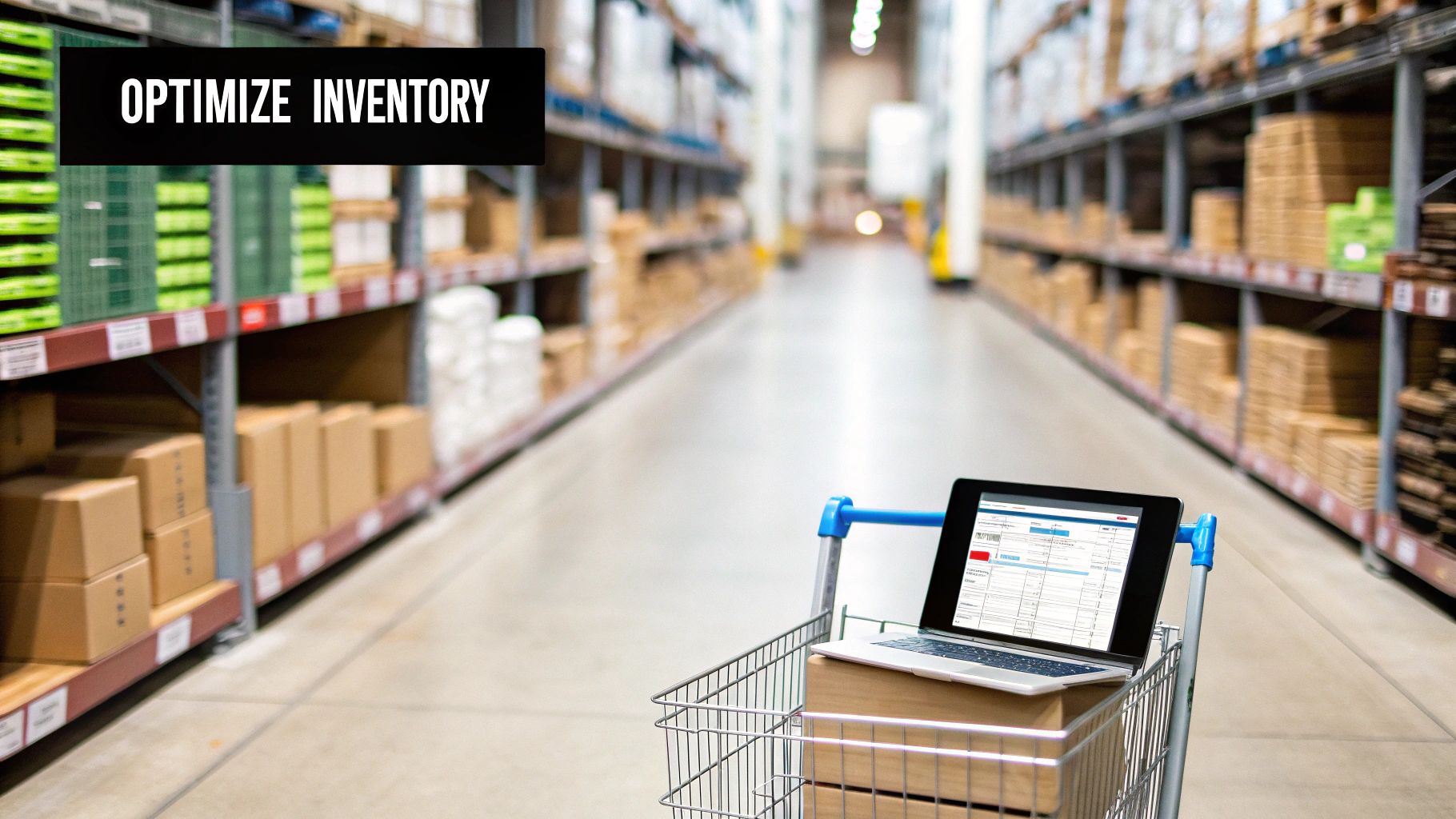A laptop and tablet in a shopping cart within a large warehouse, optimizing inventory management.