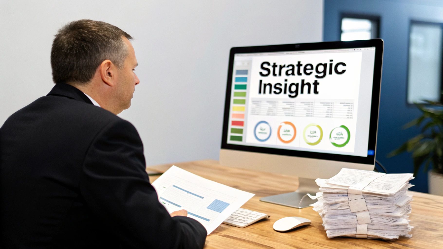 A man in a suit analyzes data on a computer screen displaying "Strategic Insight" and charts.