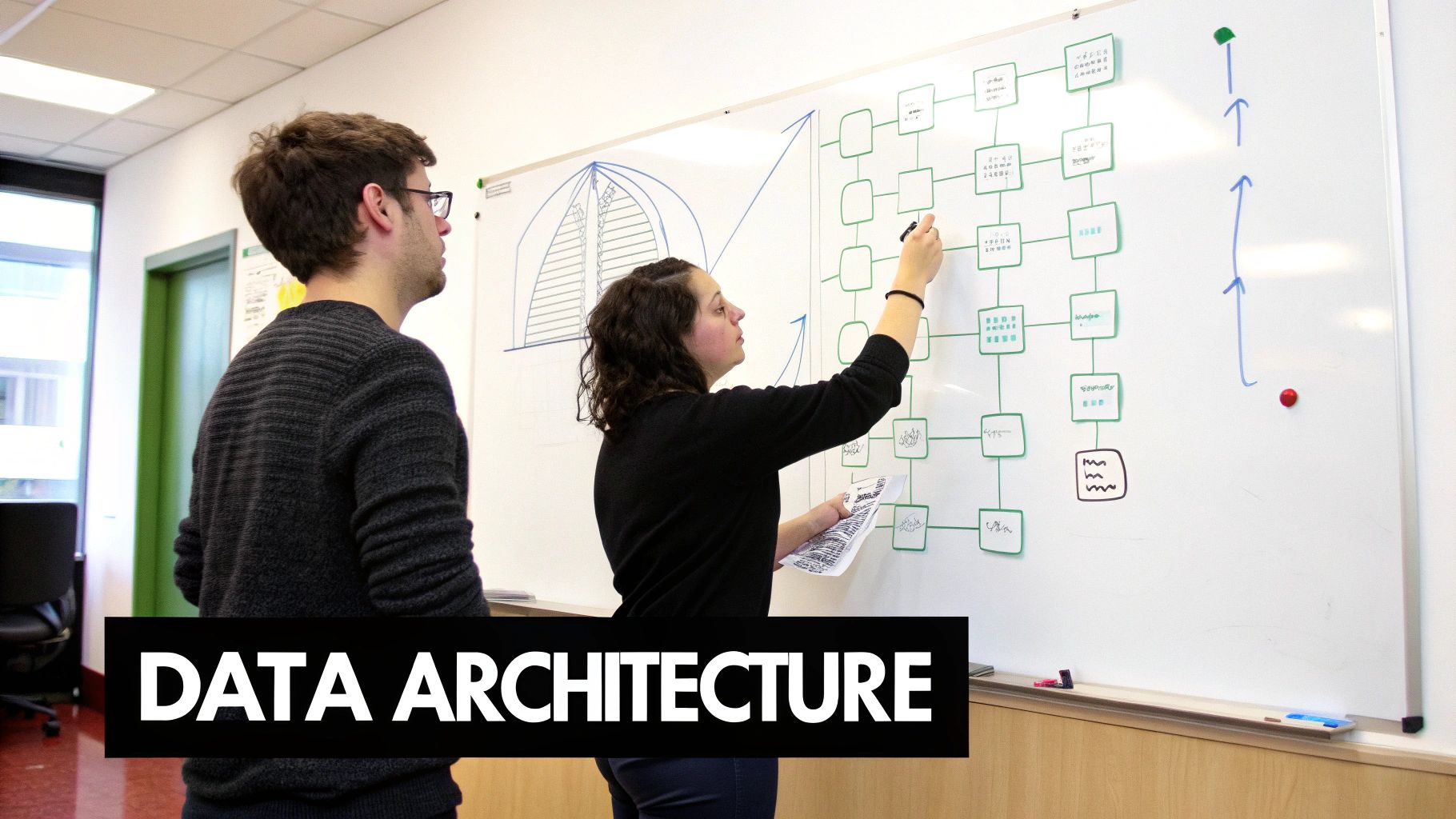 Two people collaborating on a complex data architecture diagram drawn on a whiteboard in an office.