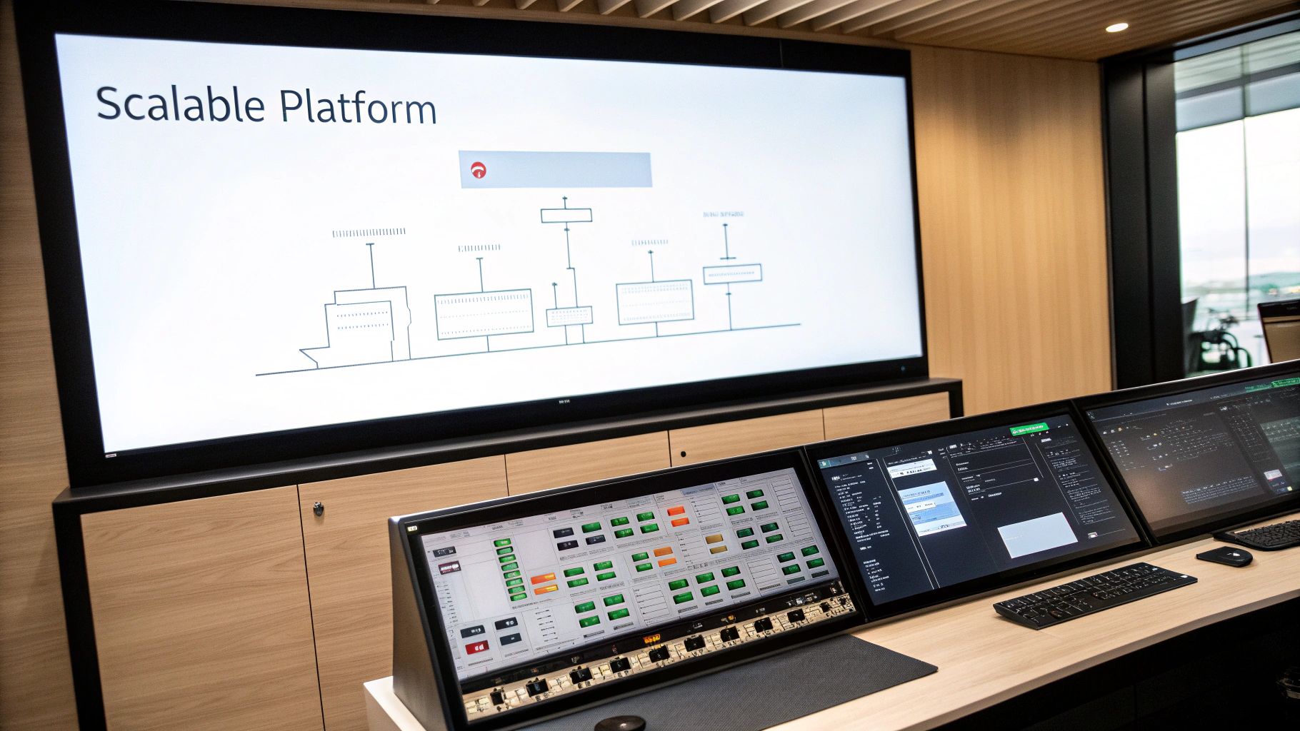 Modern conference room displaying scalable platform architecture diagram on large screen with control panels
