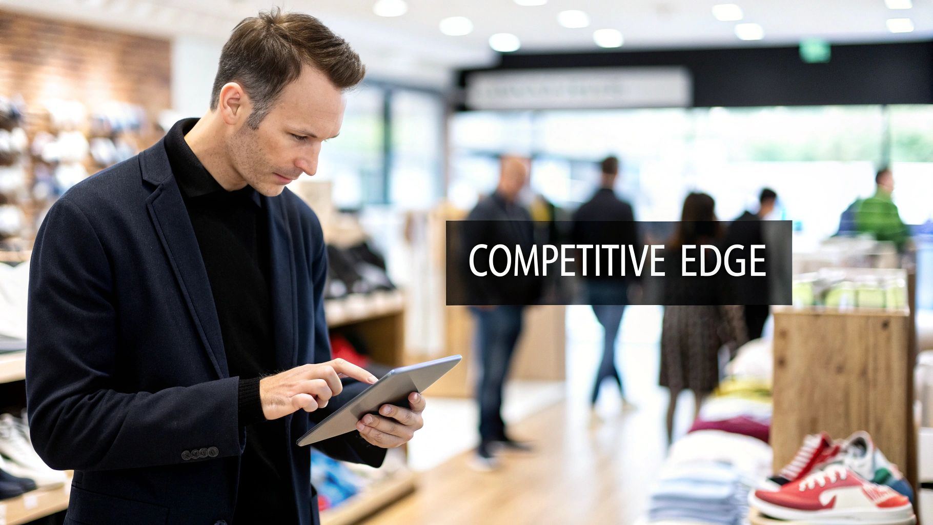 Man using a tablet in a modern retail store, focusing on in-store technology for business intelligence.