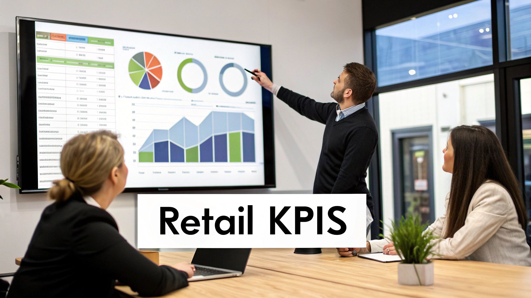 A man presents retail KPIs and business data on a large screen to two colleagues.
