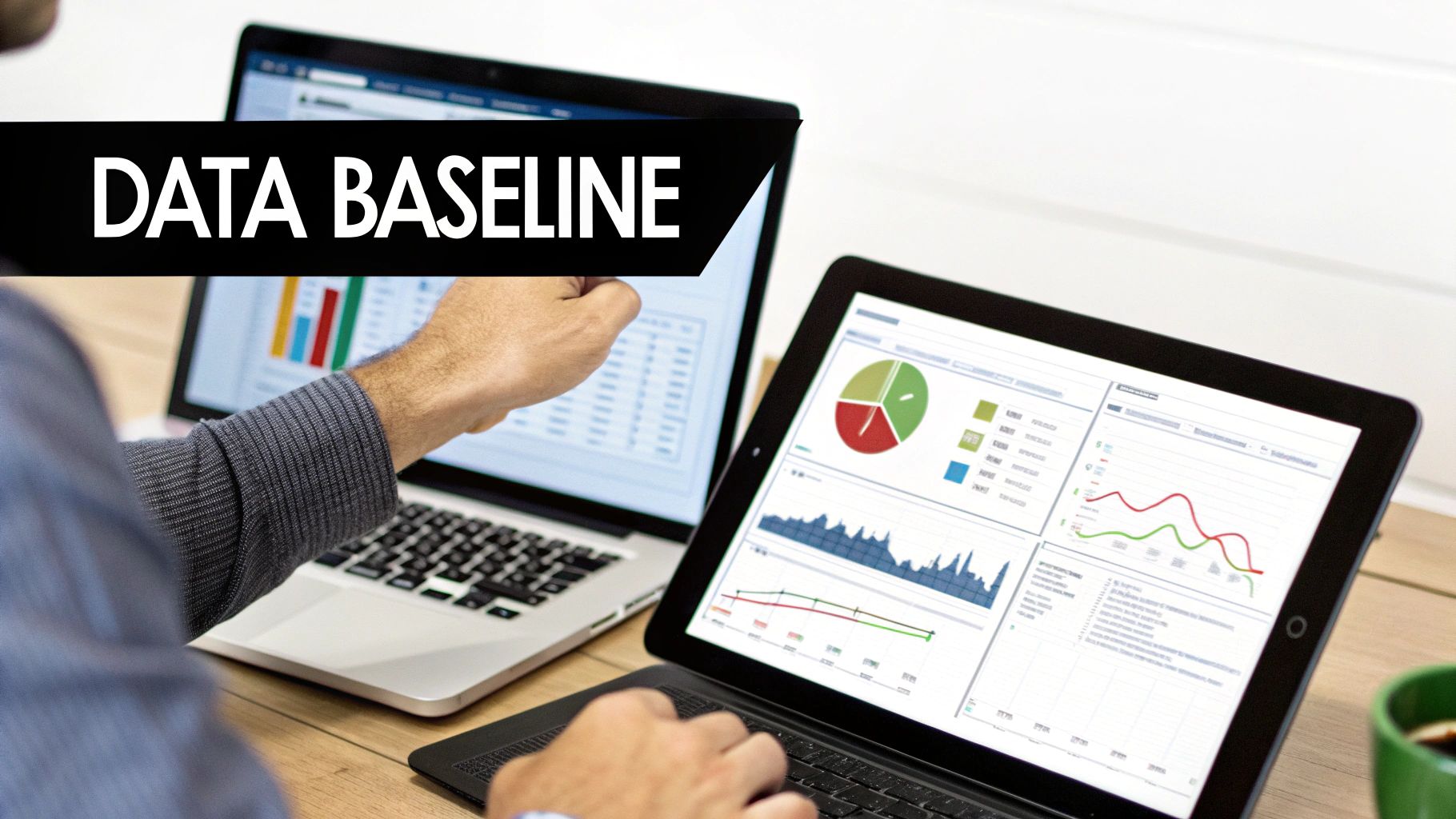 Two people analyzing data baselines on laptops, displaying charts and graphs for analysis.