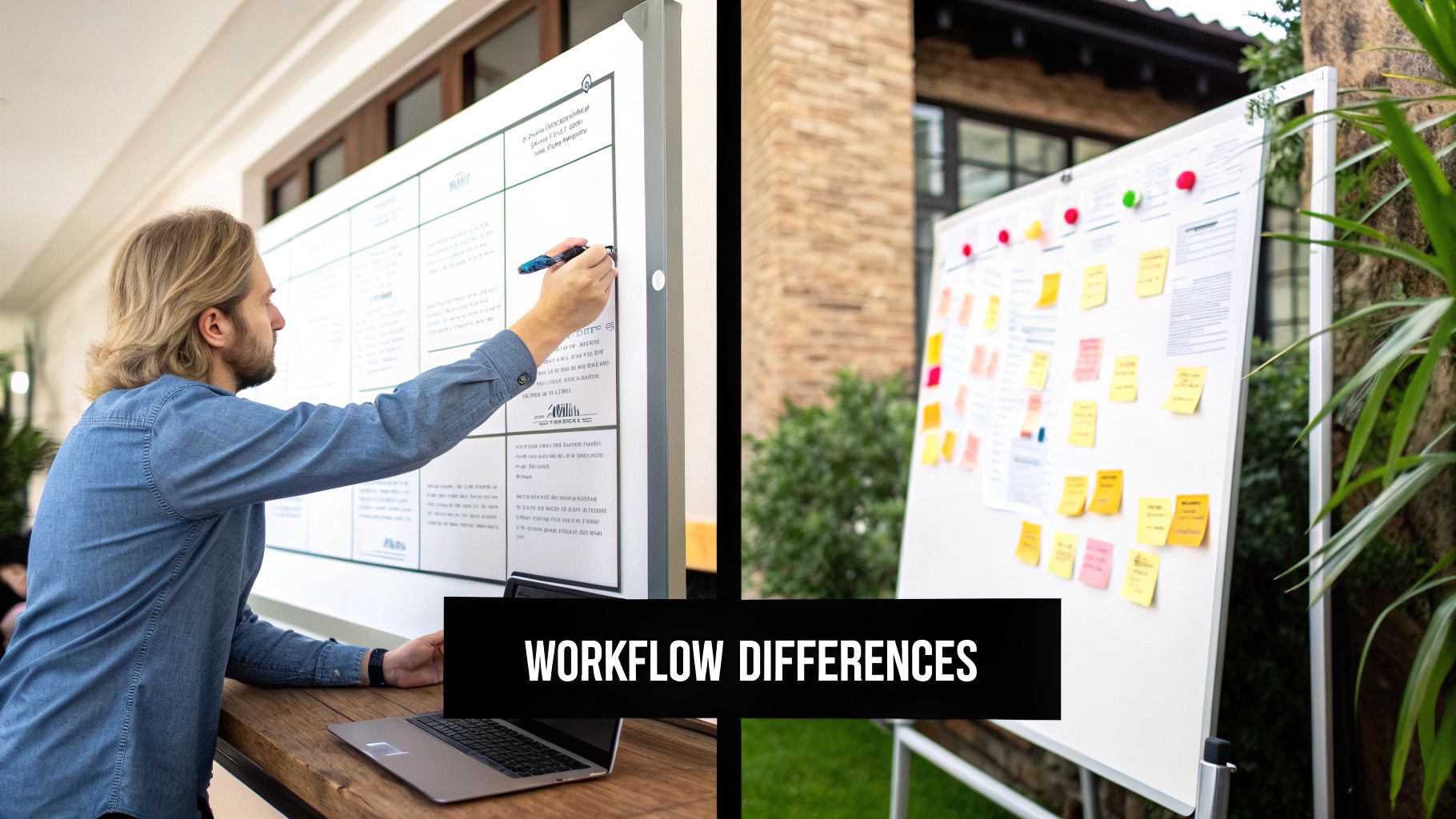 Two whiteboards illustrating different project management workflows, one with a man writing, the other with sticky notes.