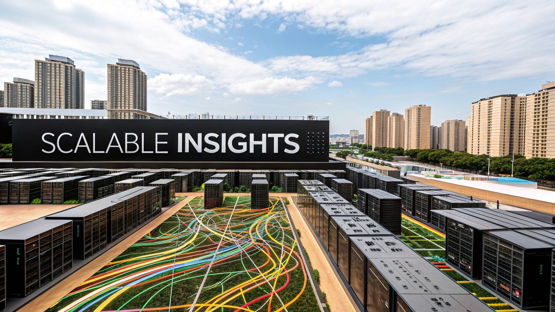 Modern outdoor data center with server racks, dynamic data flow visualization, and 'Scalable Insights' billboard.