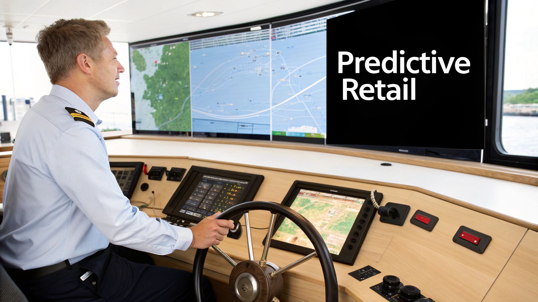 A man in a ship's bridge looking at navigation screens, one displaying 'Predictive Retail'.