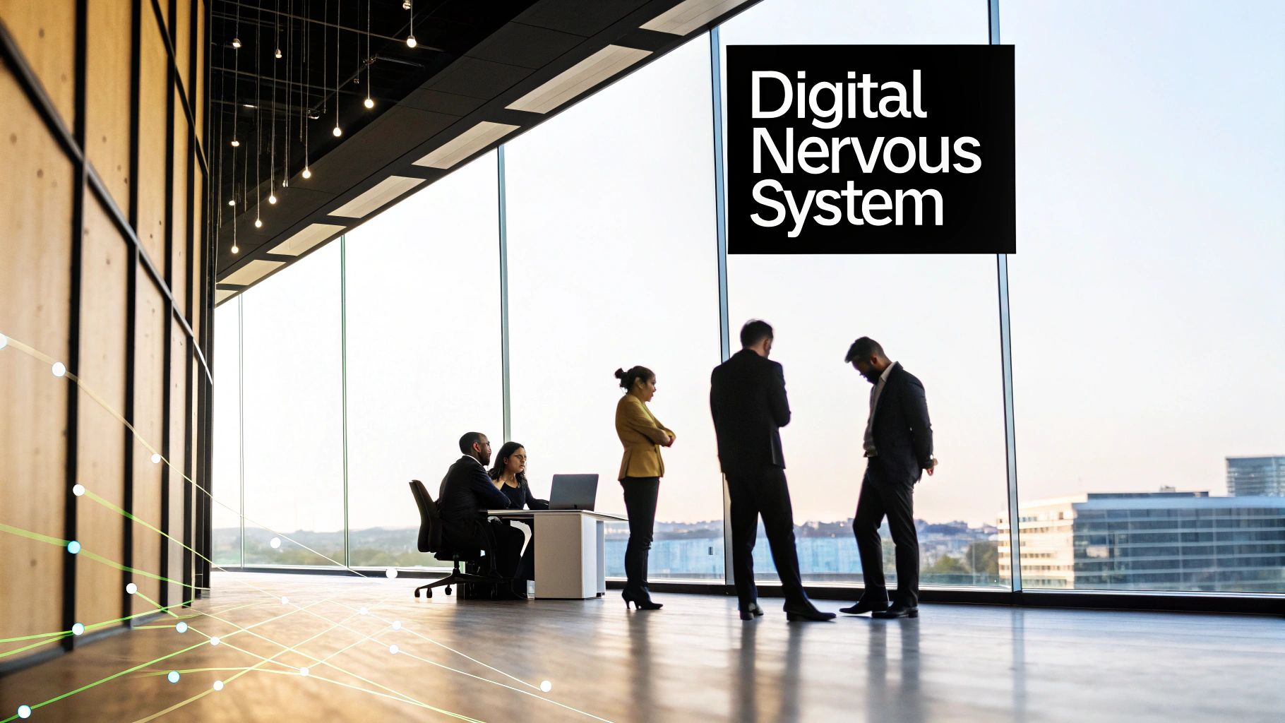Business professionals collaborate in a modern office with large windows, featuring 'Digital Nervous System' text and network graphics.