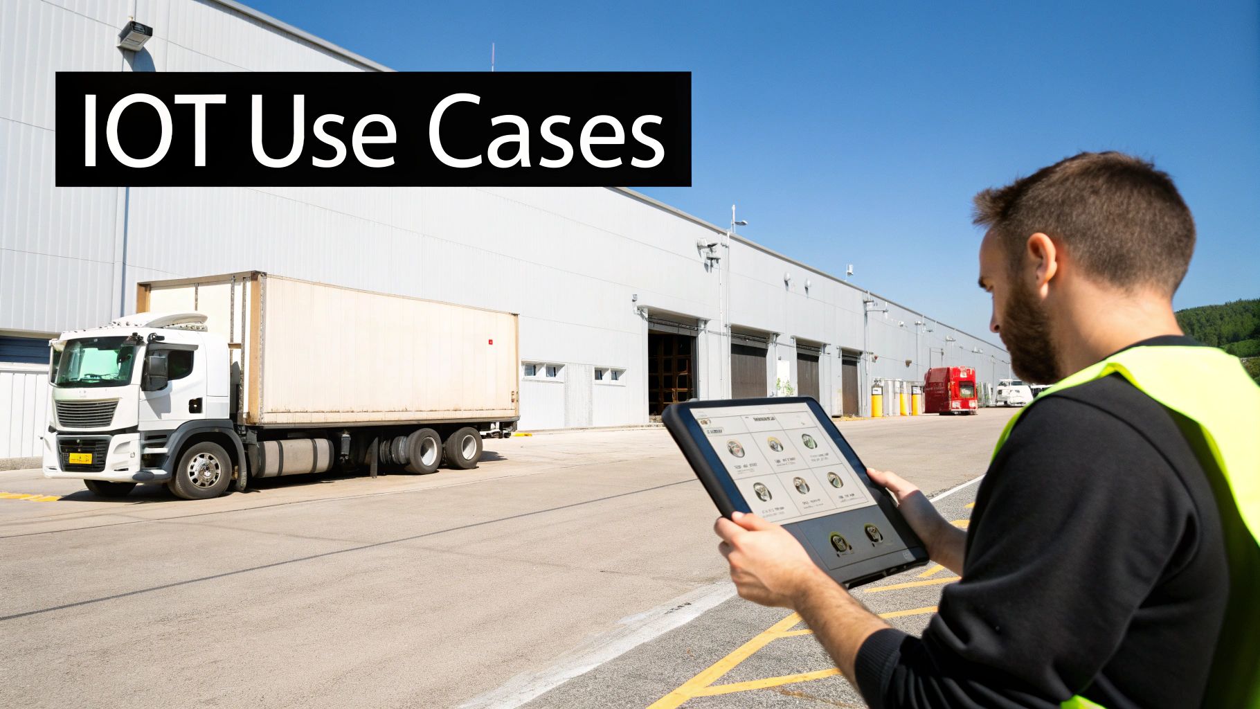 Man in safety vest uses a tablet for IoT management, with a truck outside a warehouse.