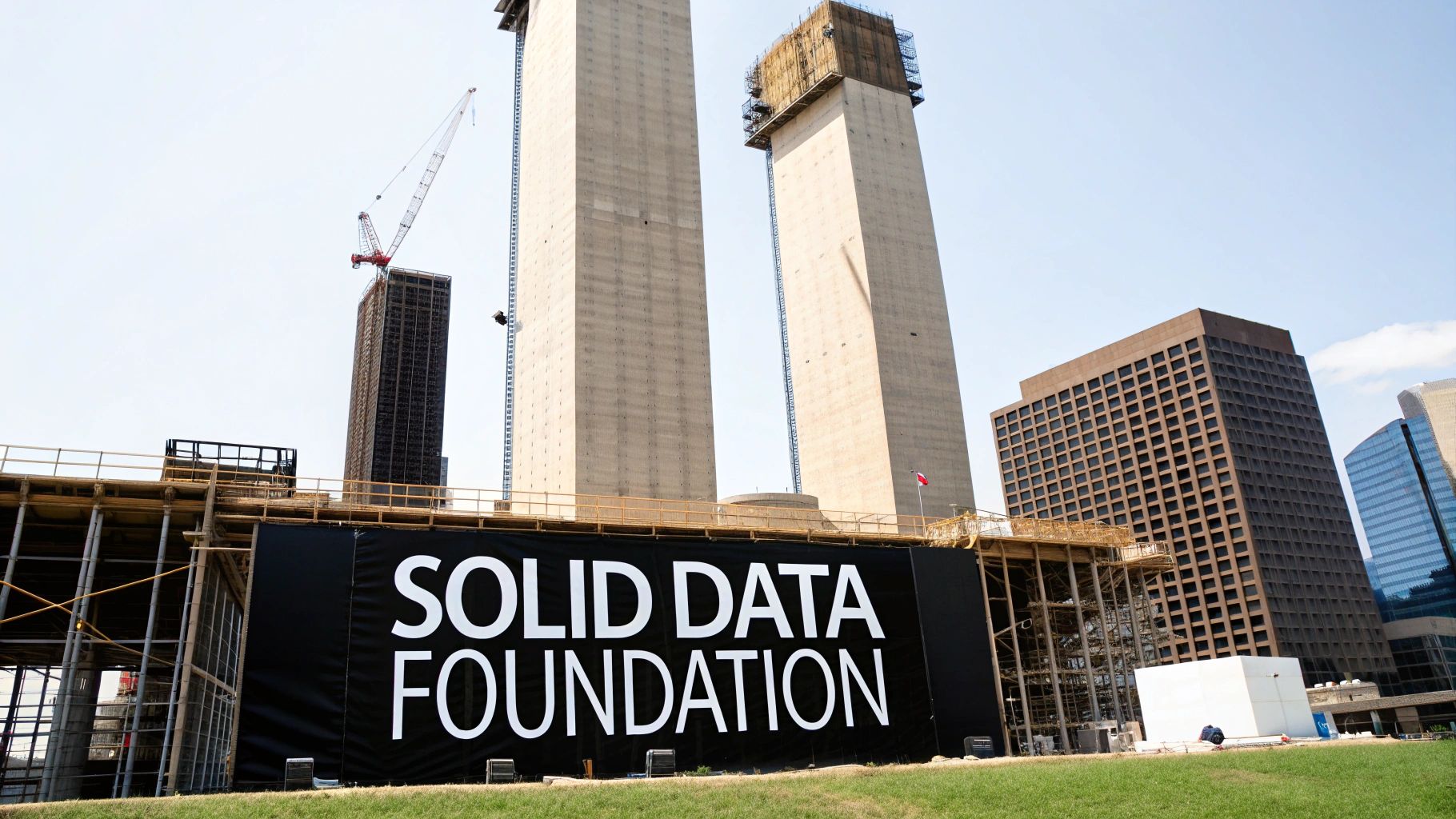 A construction site featuring two tall concrete towers and a large banner saying "SOLID DATA FOUNDATION".