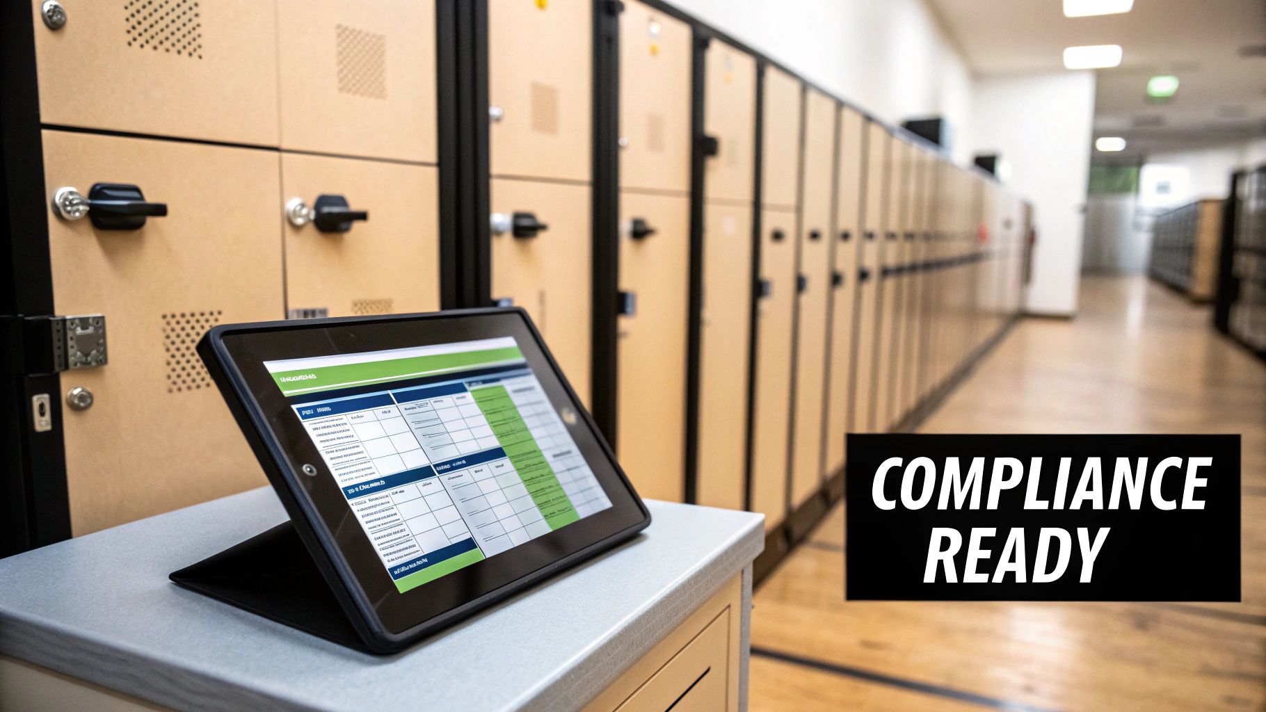 A tablet displaying data on a stand in a locker hallway, with 'COMPLIANCE READY' overlaid.