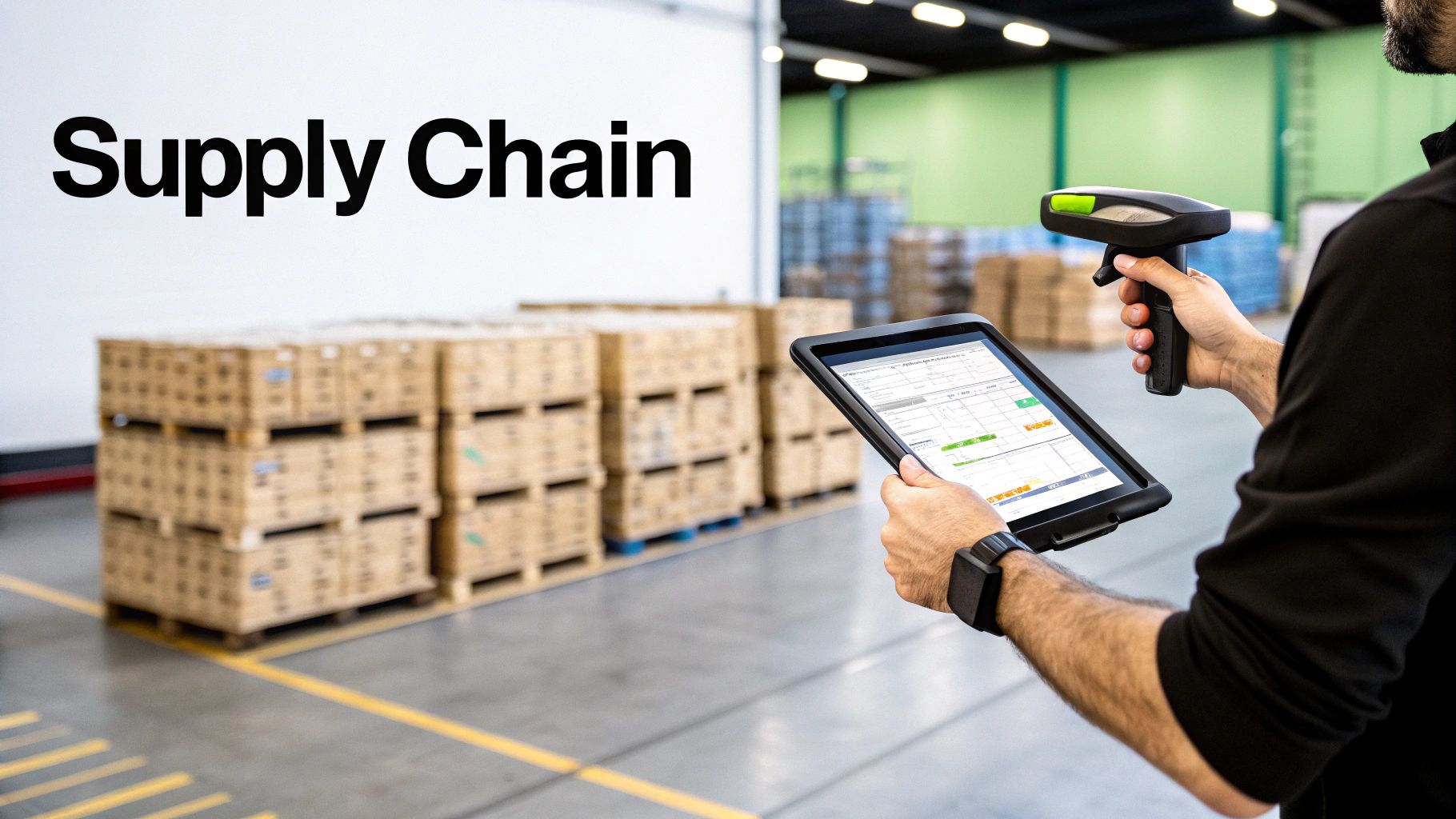 Person in a warehouse uses a tablet and barcode scanner for efficient supply chain management.