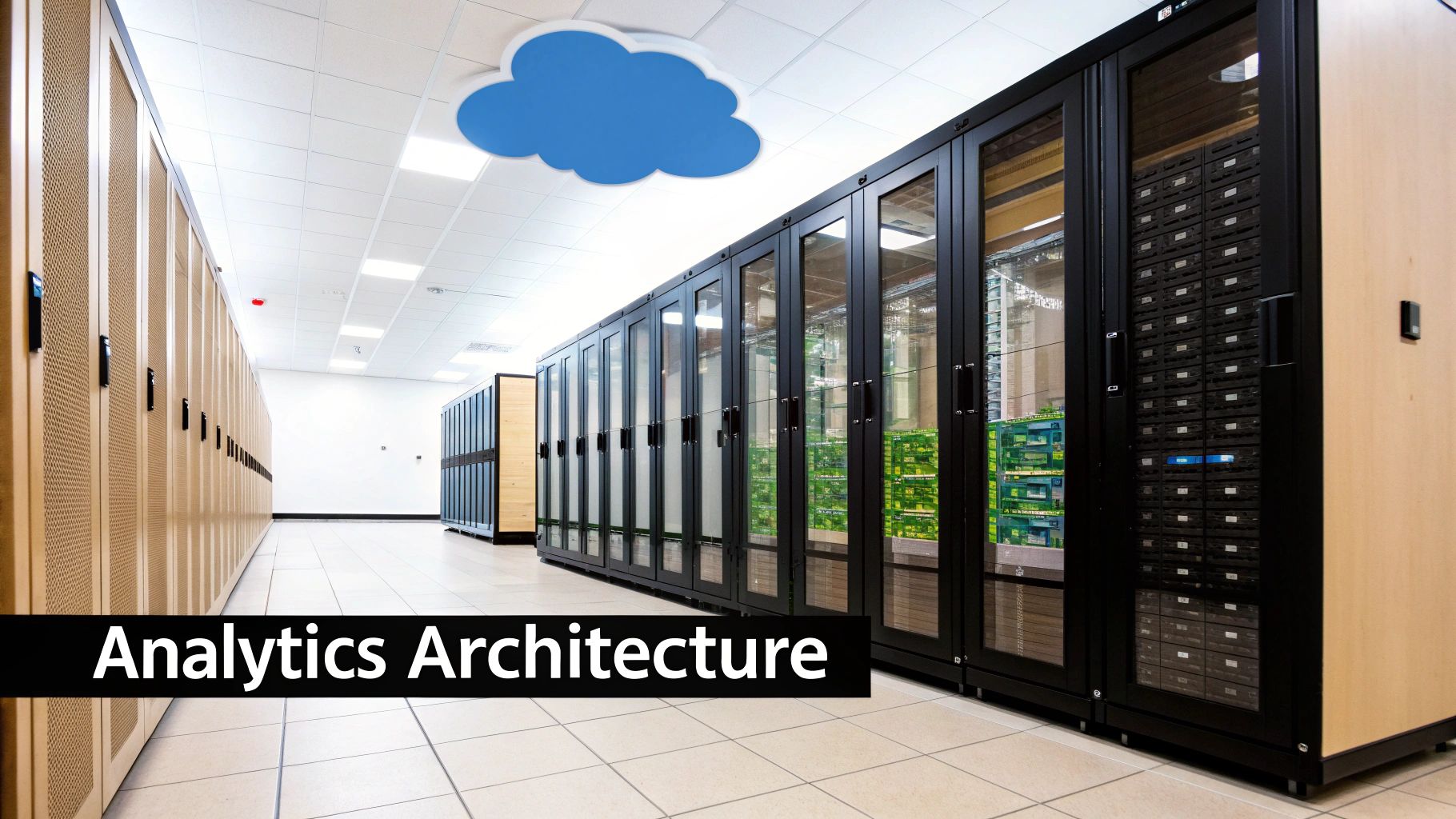 Data center corridor with server racks and a blue cloud on the ceiling, labeled "Analytics Architecture".