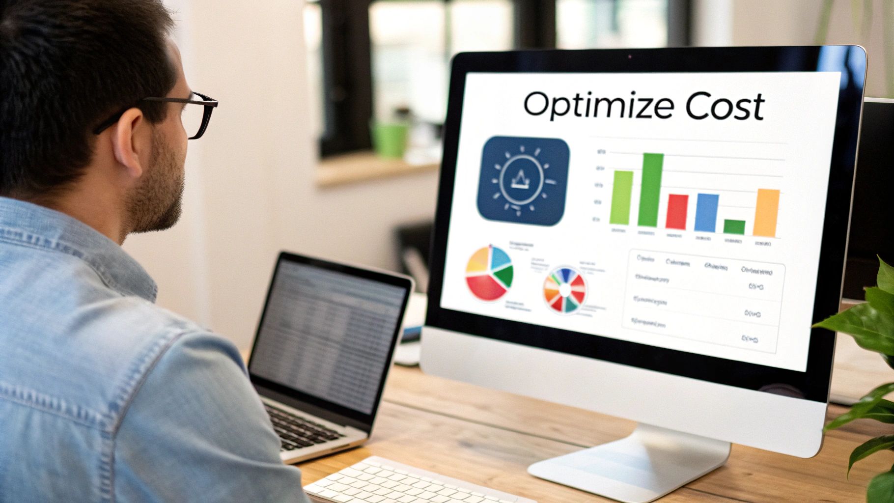 A man in glasses optimizes costs, viewing business charts and data on a computer screen and laptop.