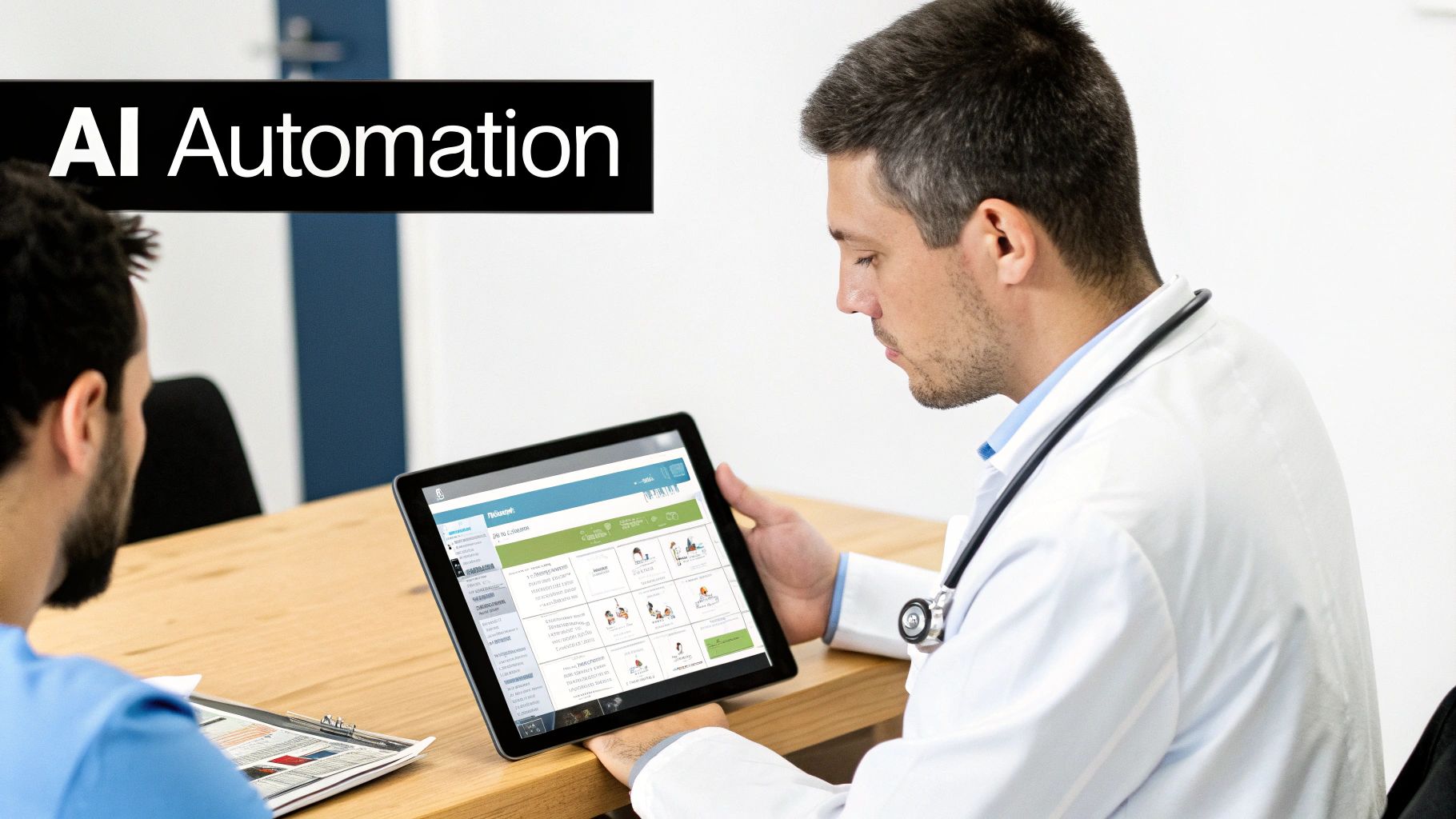 A doctor in a white coat examines a healthcare app on a tablet, showcasing AI automation.
