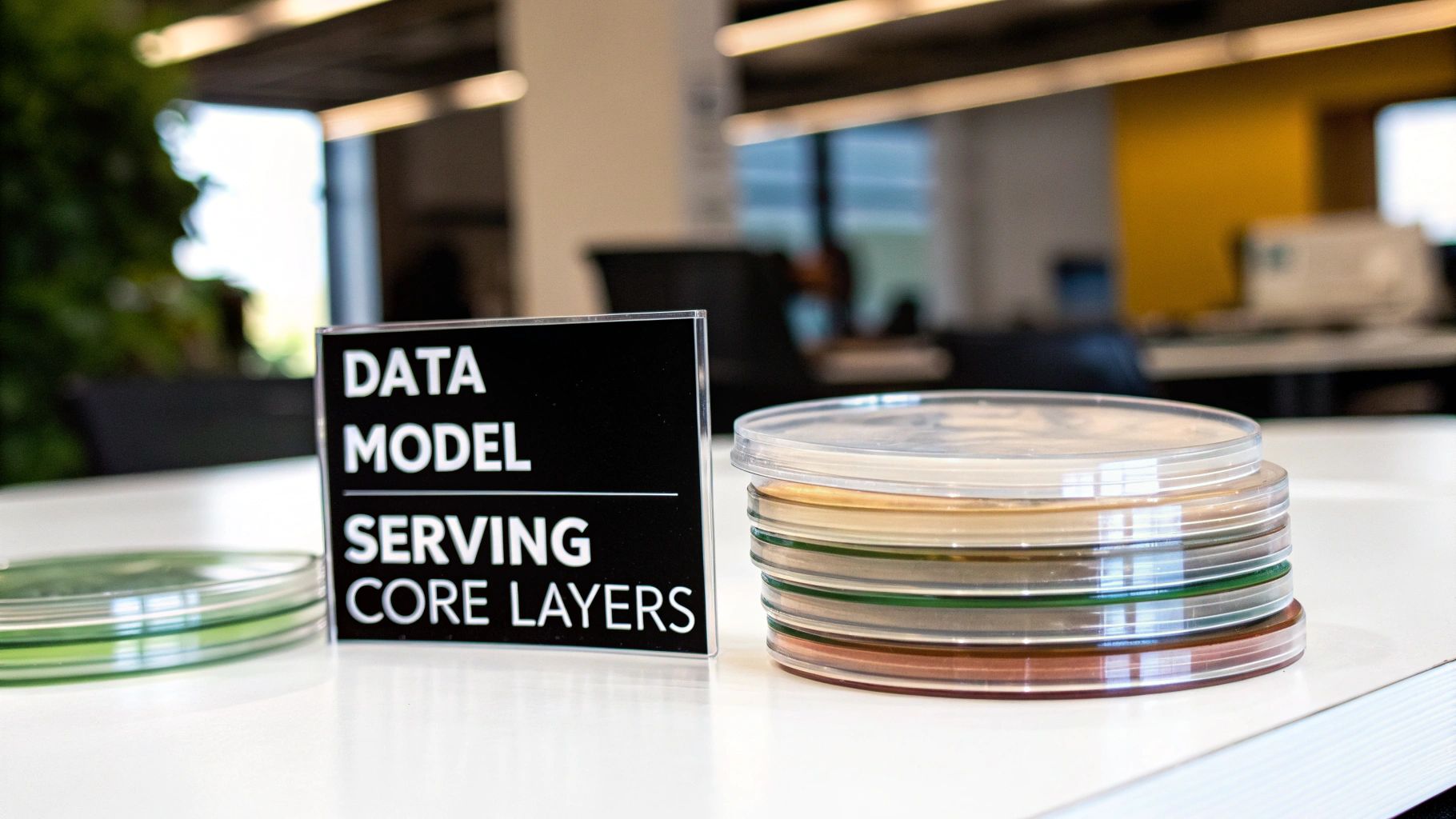 A black sign reading 'DATA MODEL SERVING CORE LAYERS' next to a stack of petri dishes.