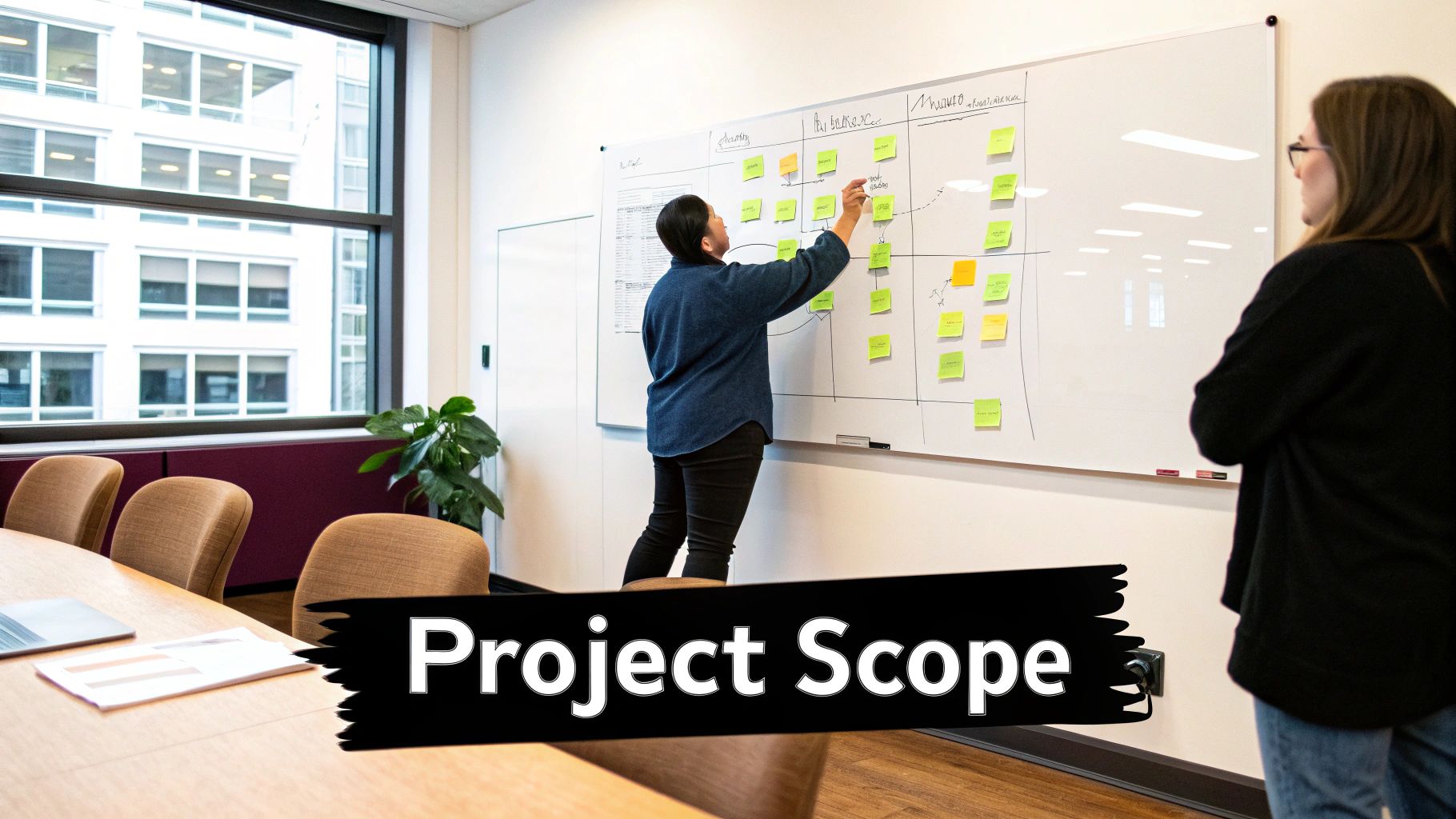A team collaborating around a whiteboard, mapping out project requirements and user flows, symbolizing the process of defining project scope.