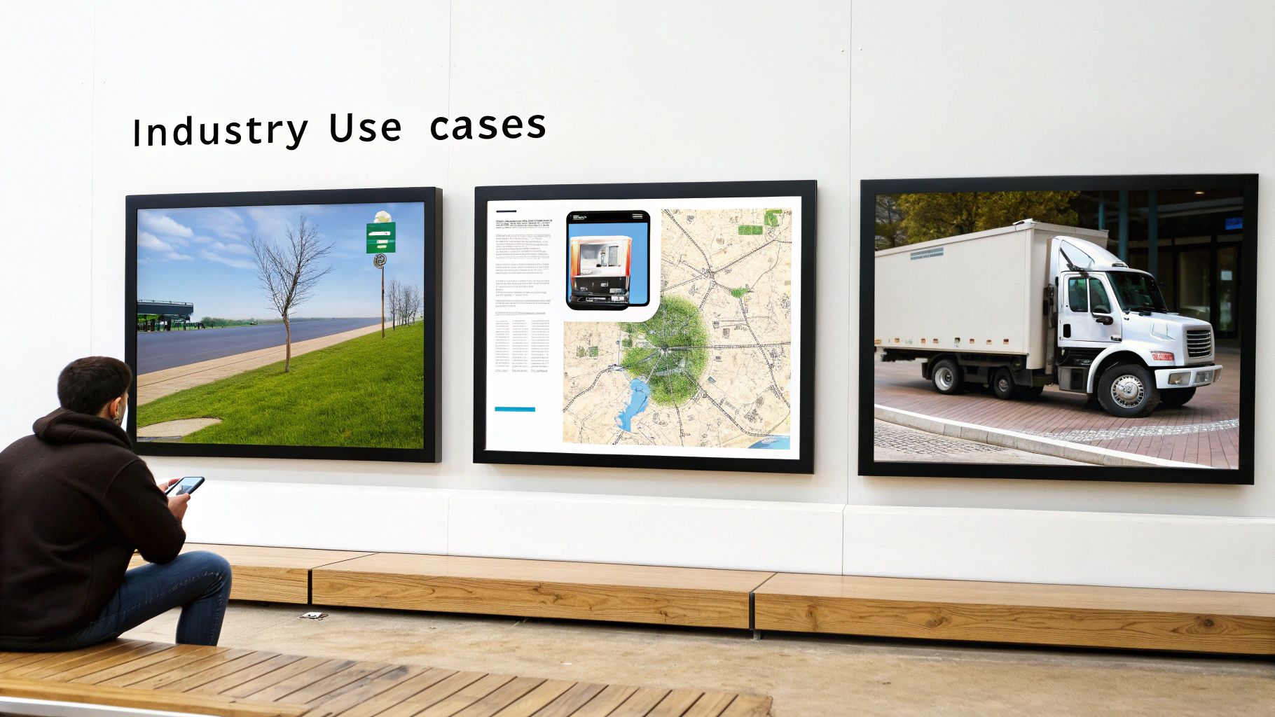 A person views three screens displaying industry use cases: a road, a map with a train, and a delivery truck.