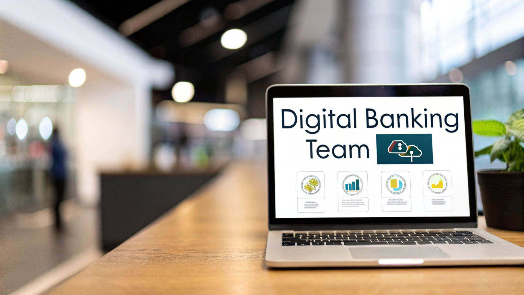 A laptop on a wooden desk displaying 'Digital Banking Team' and various financial icons.
