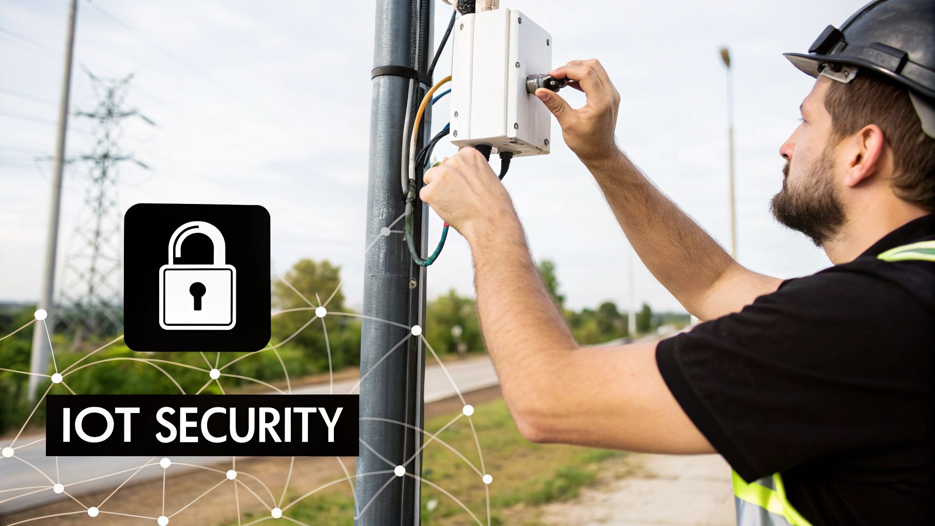Technician working on an outdoor IoT device mounted on a pole, symbolizing internet of things security.