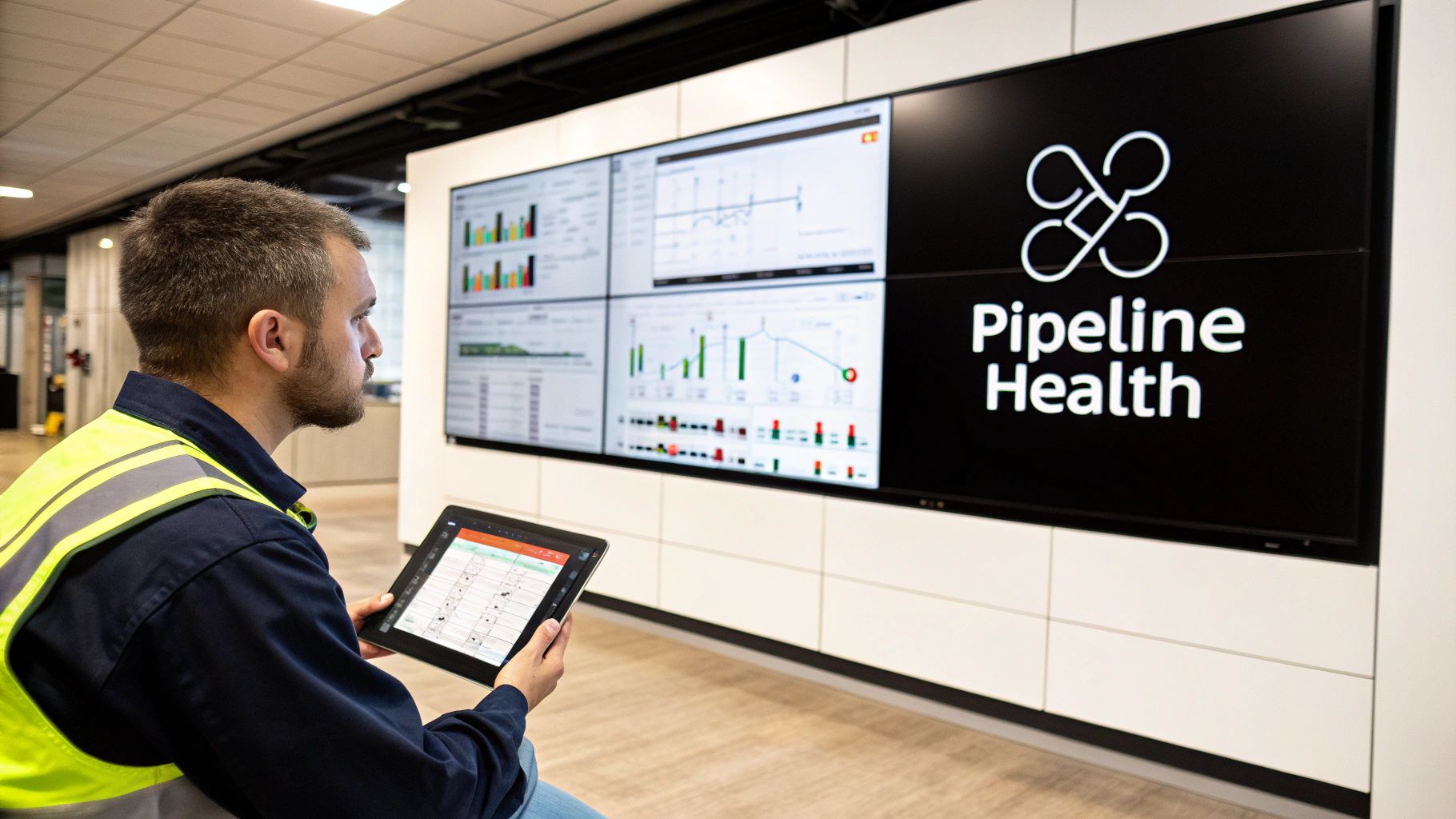 Worker in safety vest monitors data pipelines on a large screen display and tablet.