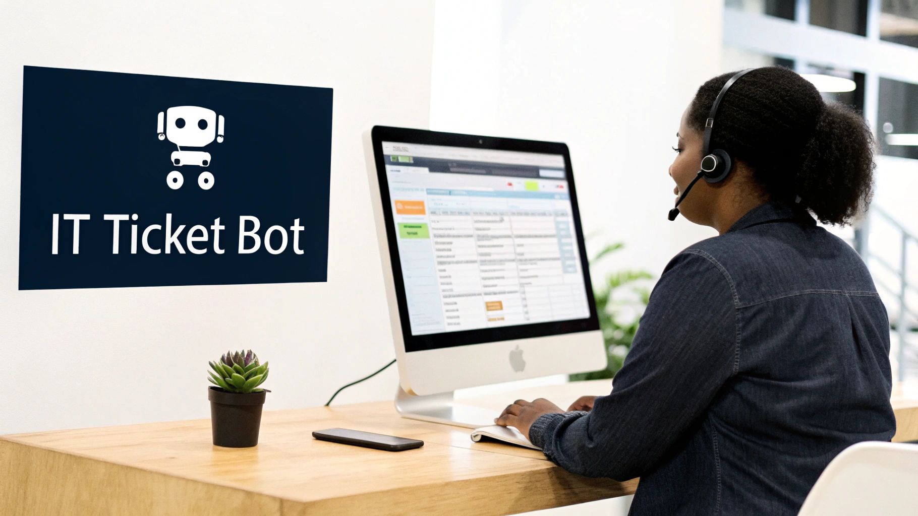 A woman wearing a headset works at a computer next to an 'IT Ticket Bot' sign, illustrating IT automation.
